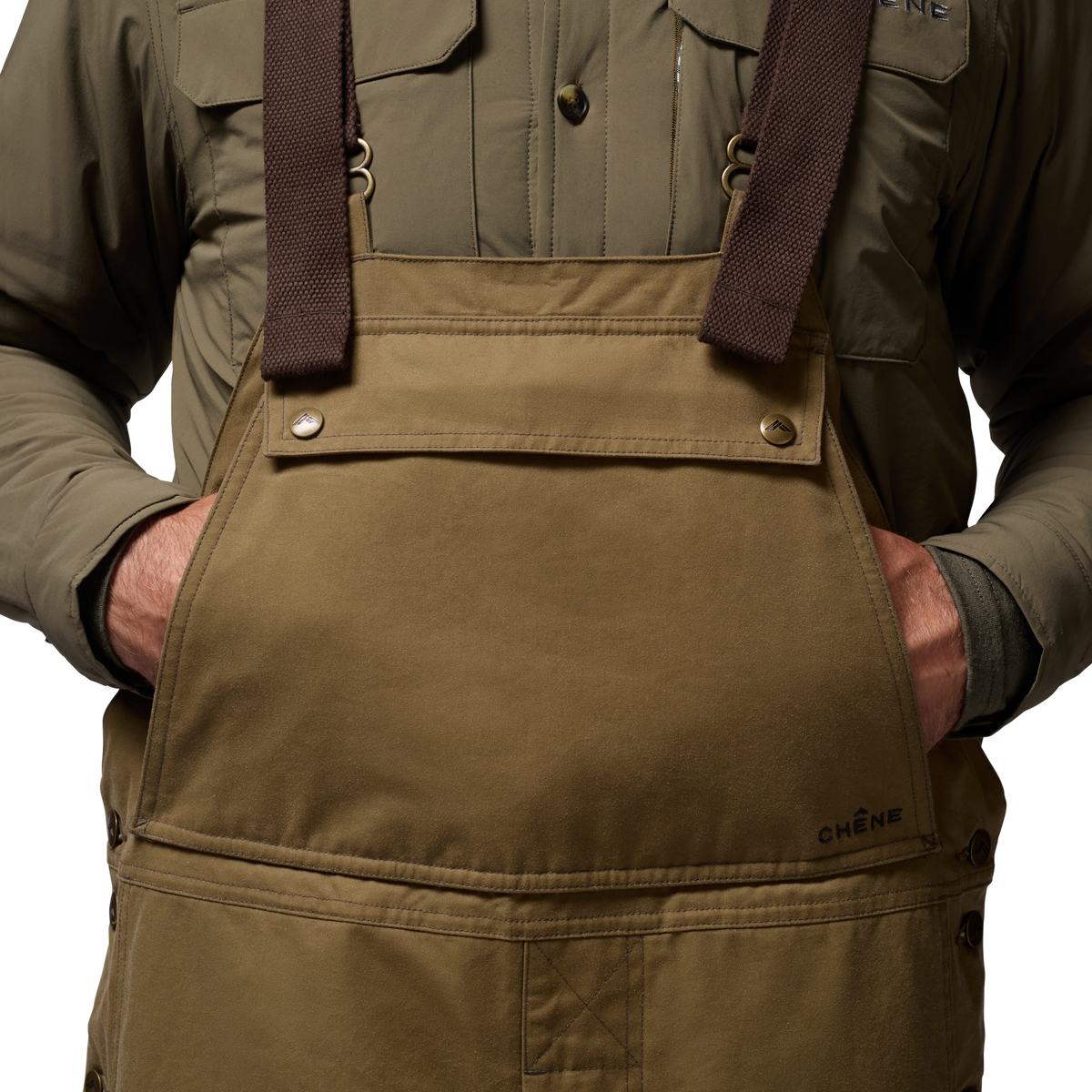 Founders' Reserve Waxed Bib in Field Khaki, on model #field_khaki