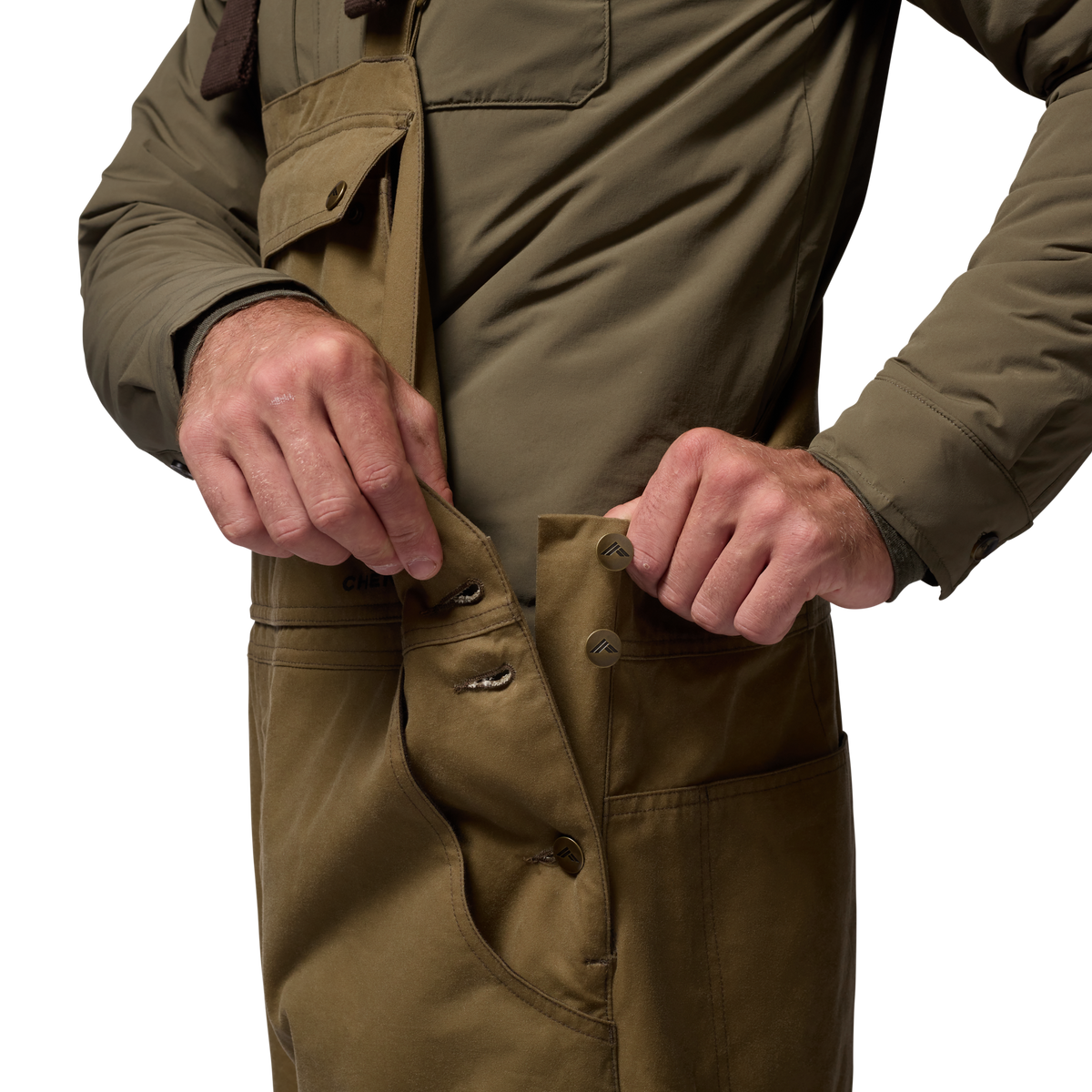 Founders' Reserve Waxed Bib in Field Khaki, on model #field_khaki