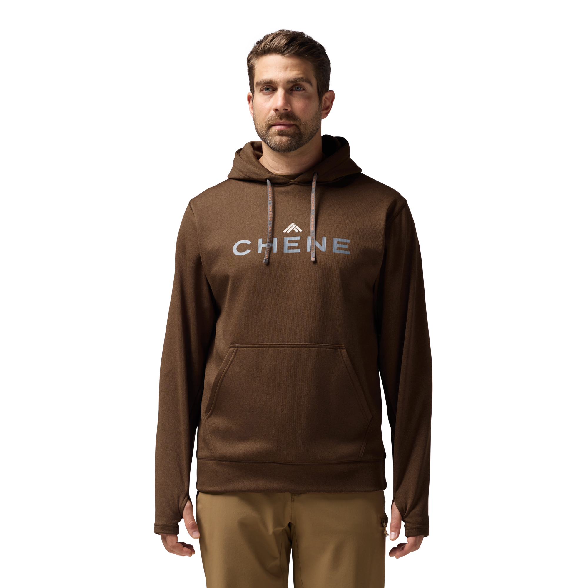 Performance Hoodie in Heather Brown, on model #heather_brown
