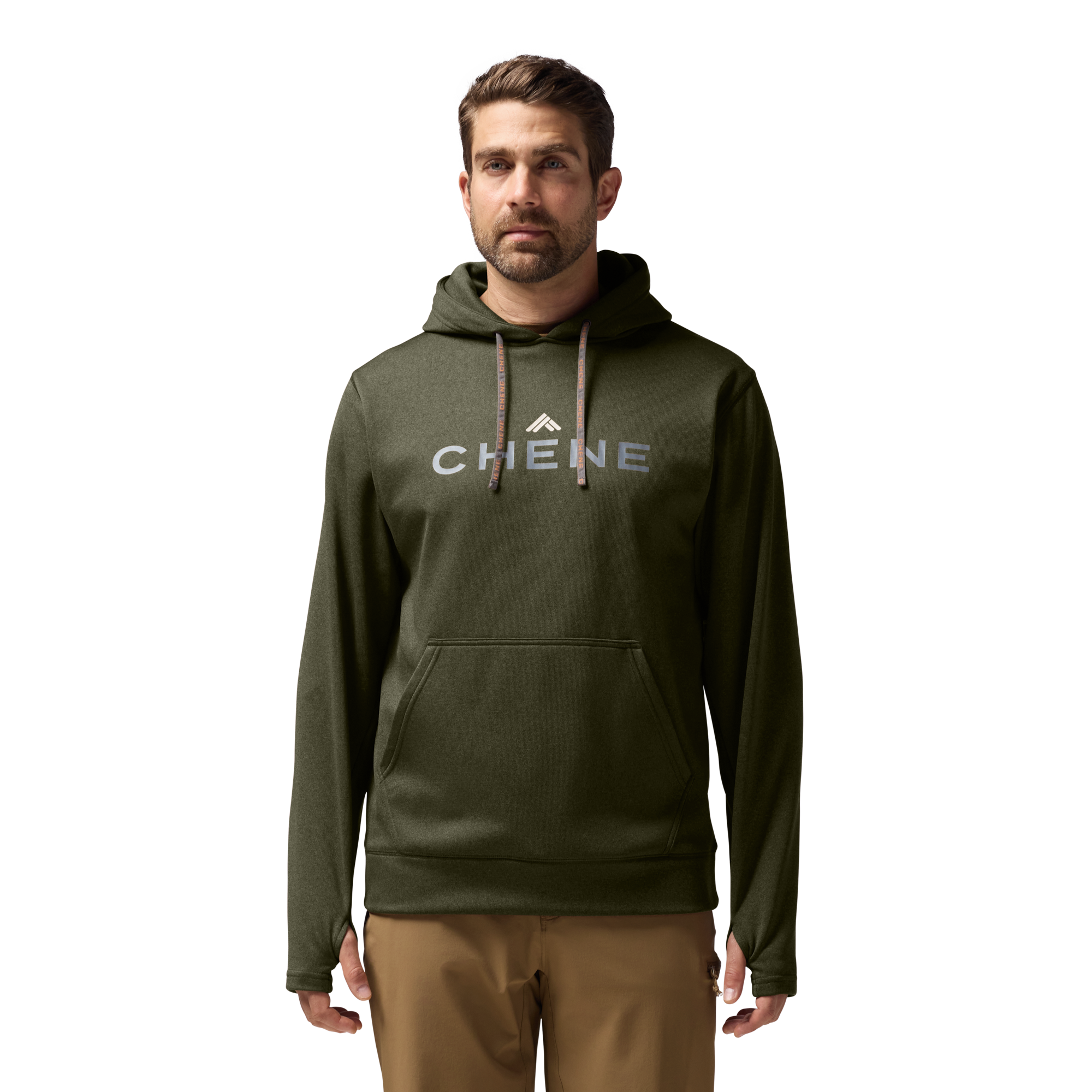 Performance Hoodie in Heather Olive, on model #heather_olive