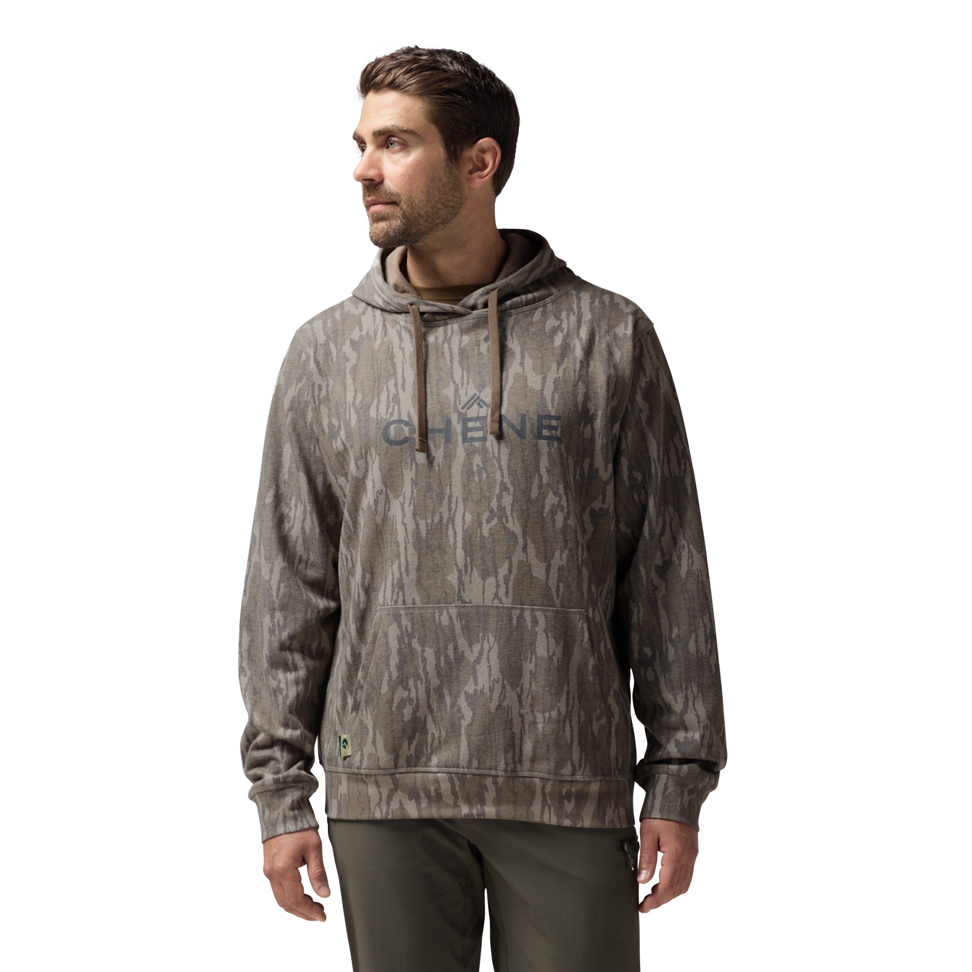 Washed Out Camo Logo Hoodie in Mossy Oak Original Bottomland, on model #mossy_oak_original_bottomland