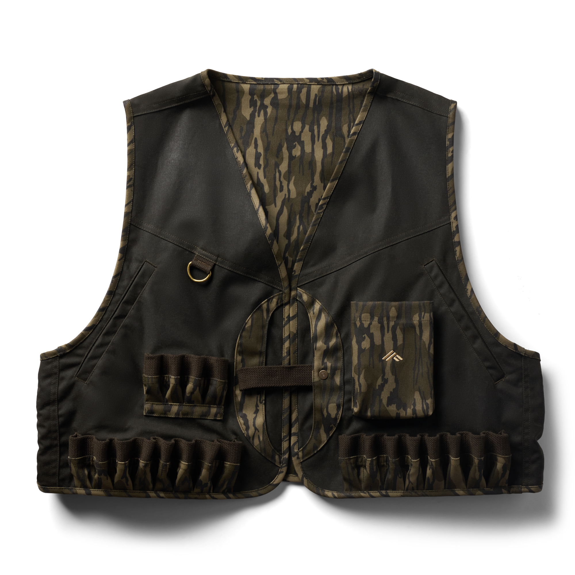 Waxed Canvas Wading Vest in Olive / Mossy Oak Original Bottomland, flat lay #olive_/_mossy_oak_original_bottomland