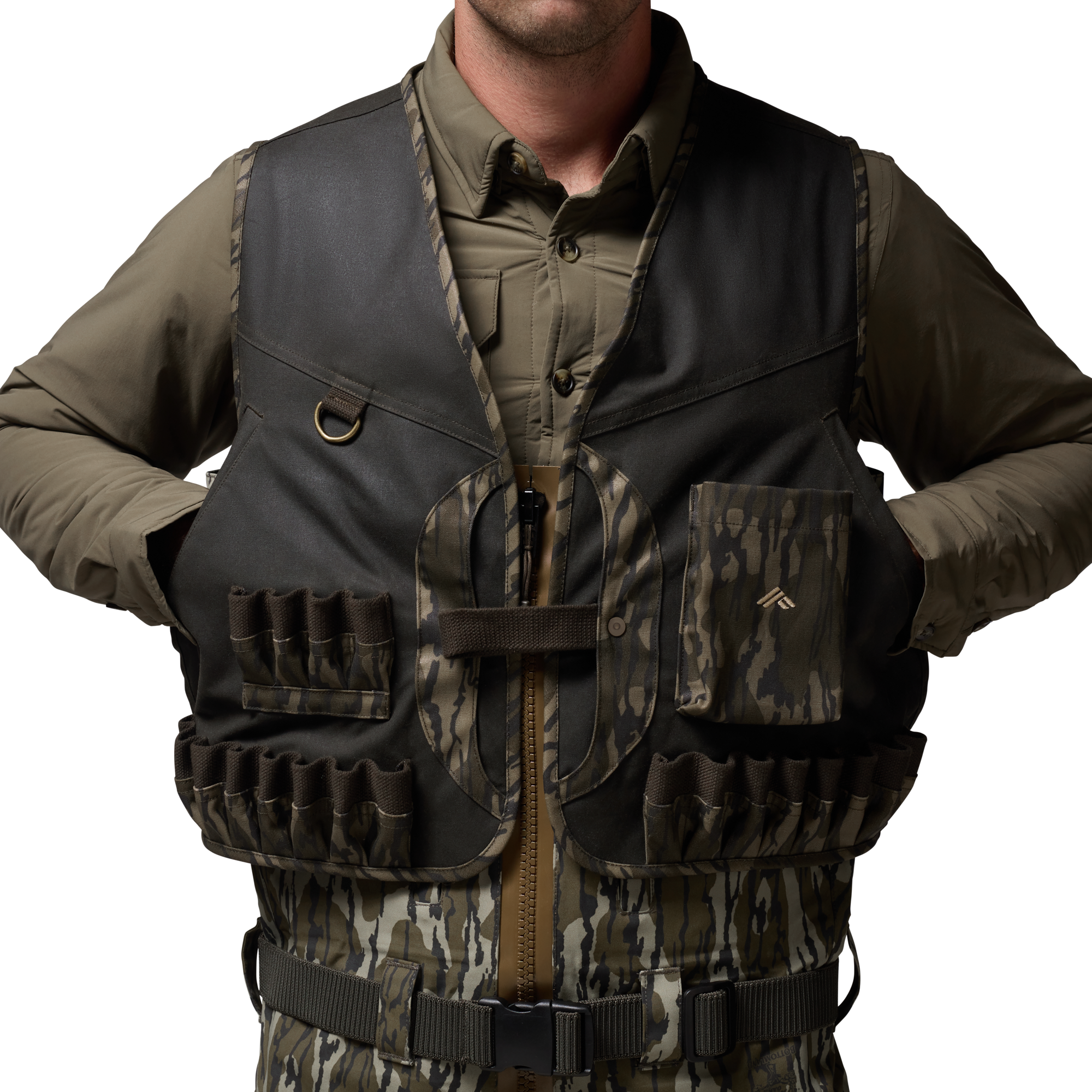 Waxed Canvas Wading Vest in Olive / Mossy Oak Original Bottomland, on model #olive_/_mossy_oak_original_bottomland