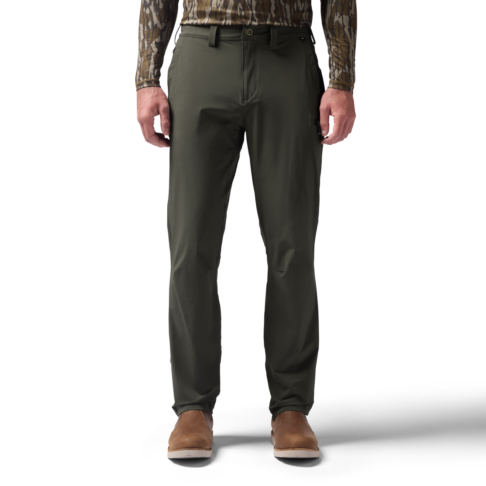Front on-model view of Scout Pant in cypress. #cypress
