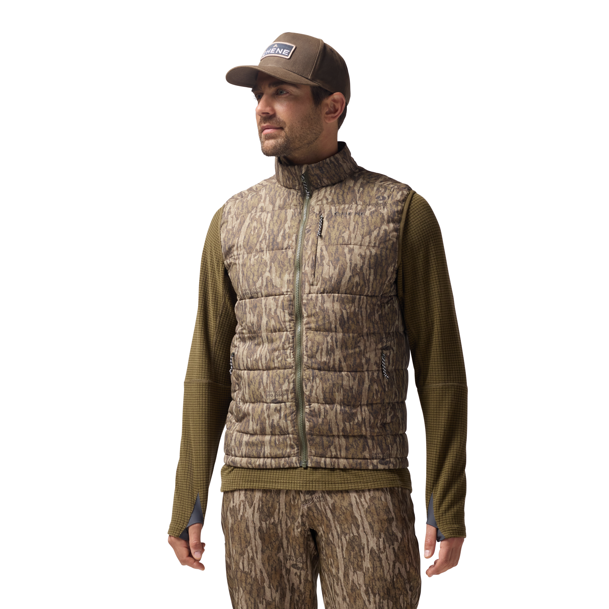 Flyweigh Vest in Mossy Oak Bottomland, on model #mossy_oak_bottomland
