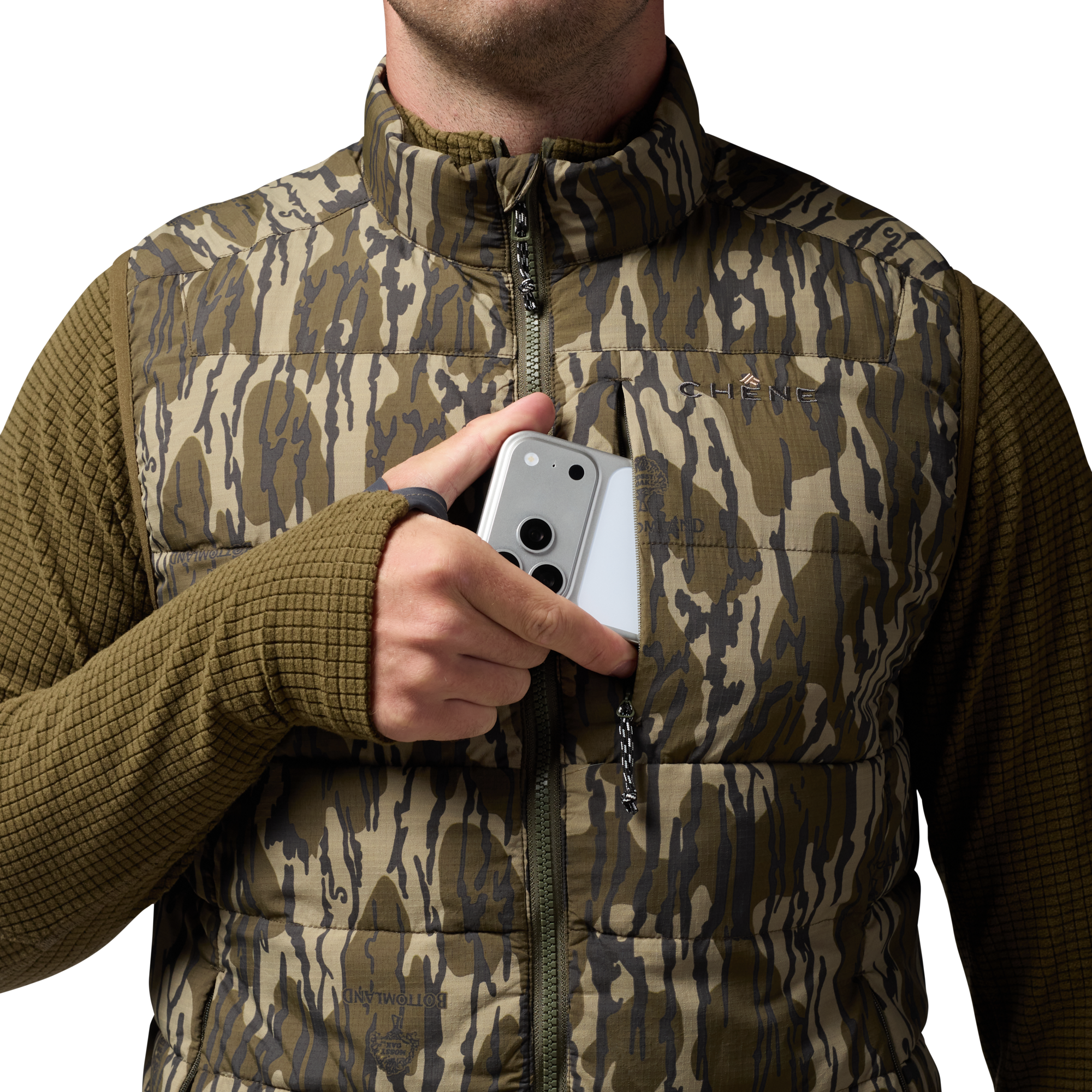 Flyweigh Vest in Mossy Oak Original Bottomland, on model #mossy_oak_original_bottomland
