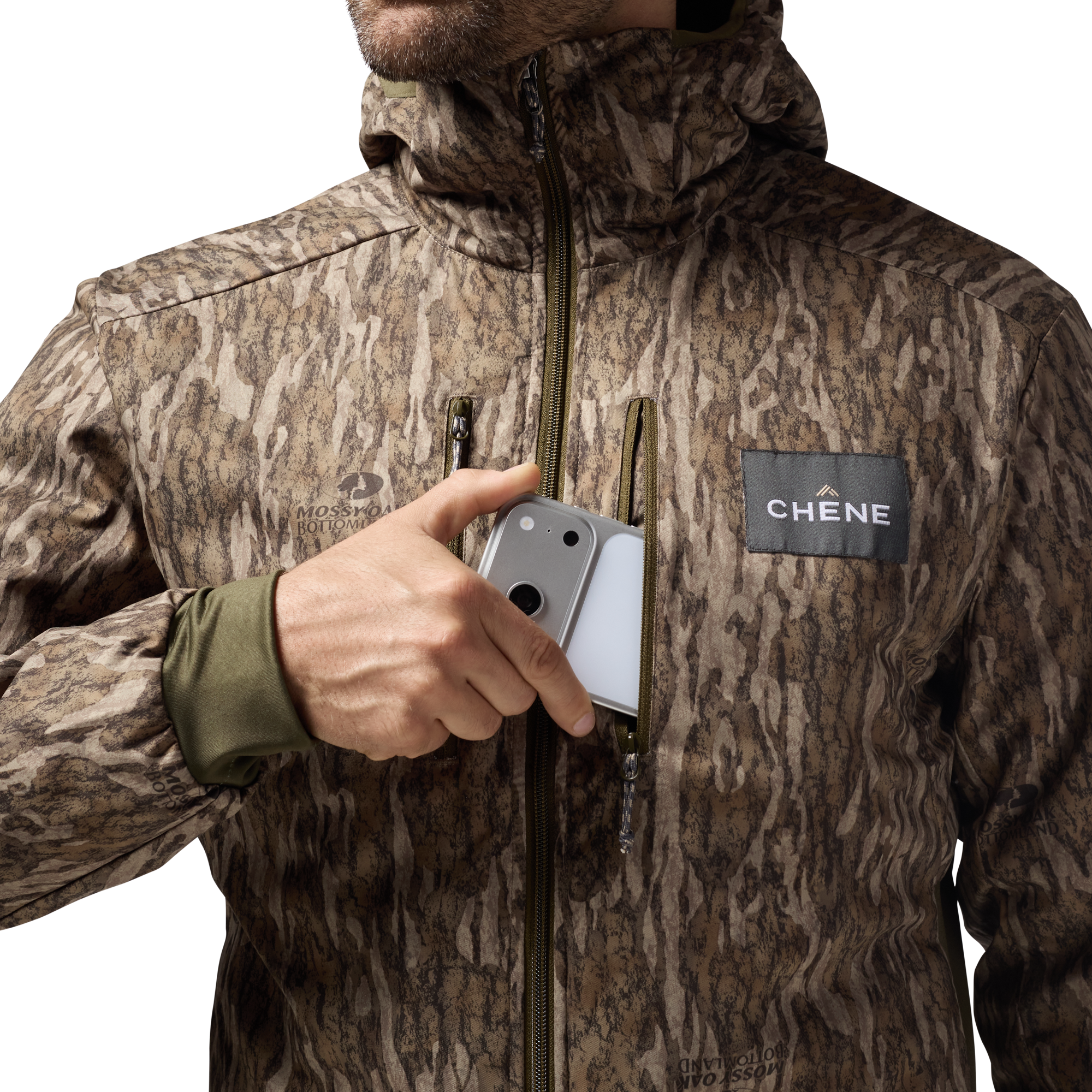 Flyweigh Jacket in Mossy Oak Bottomland, on model #mossy_oak_bottomland
