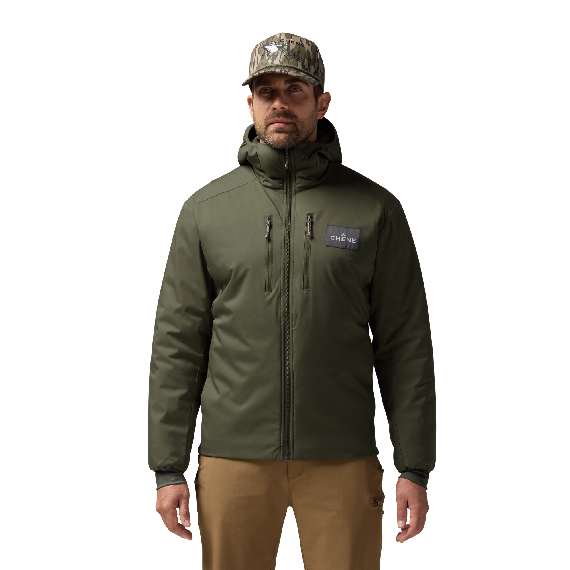 Flyweigh Jacket in Olive, on model #olive