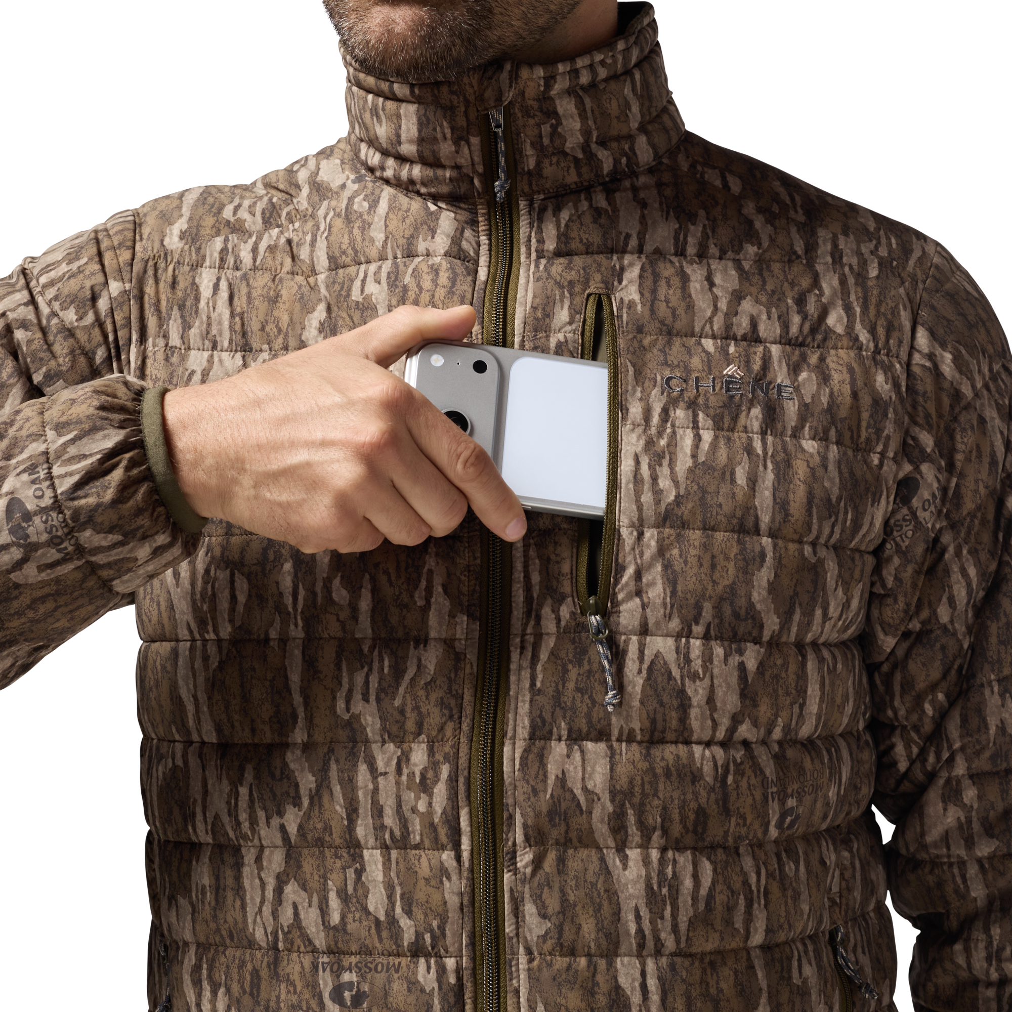 Camp Jacket in Mossy Oak Bottomland, on model #mossy_oak_bottomland