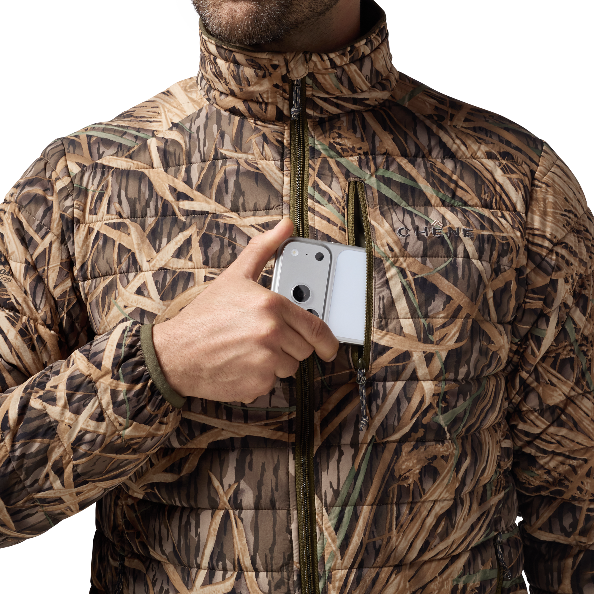 Camp Jacket in Mossy Oak Original Shadow Grass, on model #mossy_oak_original_shadow_grass