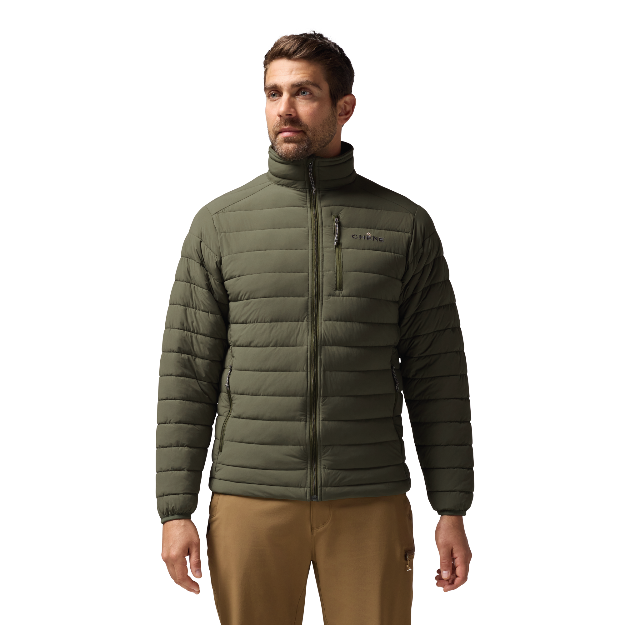 Camp Jacket in Olive, on model #olive
