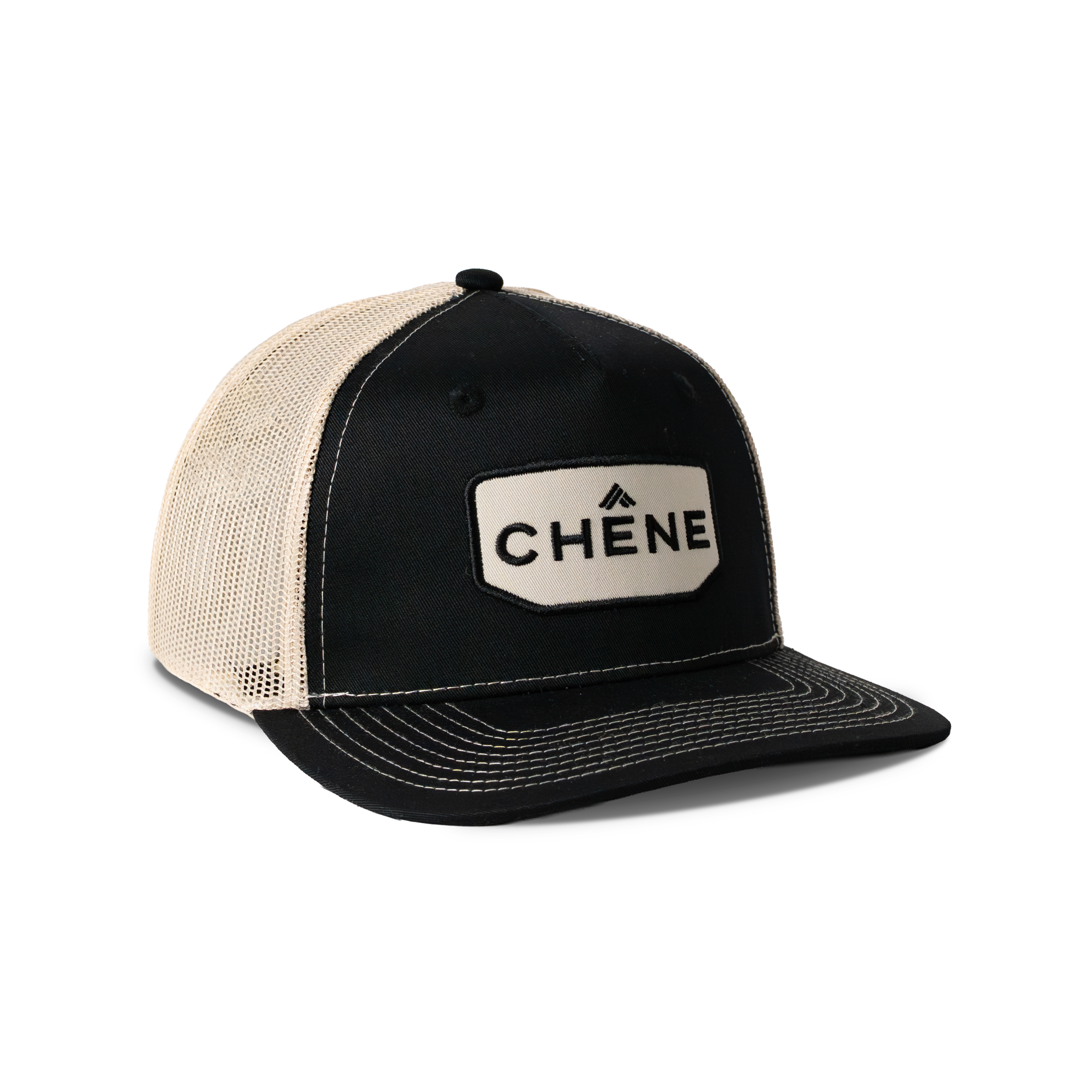 Front view of Black and Natural colored hat with Chêne Logo #black_/_natural