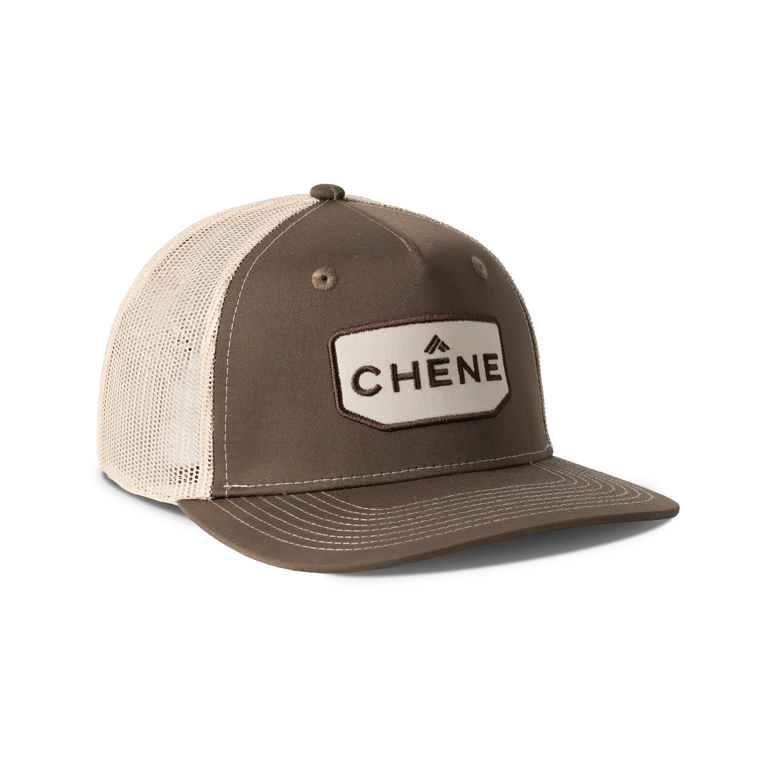 Front view of Brown and Tan colored hat with Chêne Logo #brown_/_tan