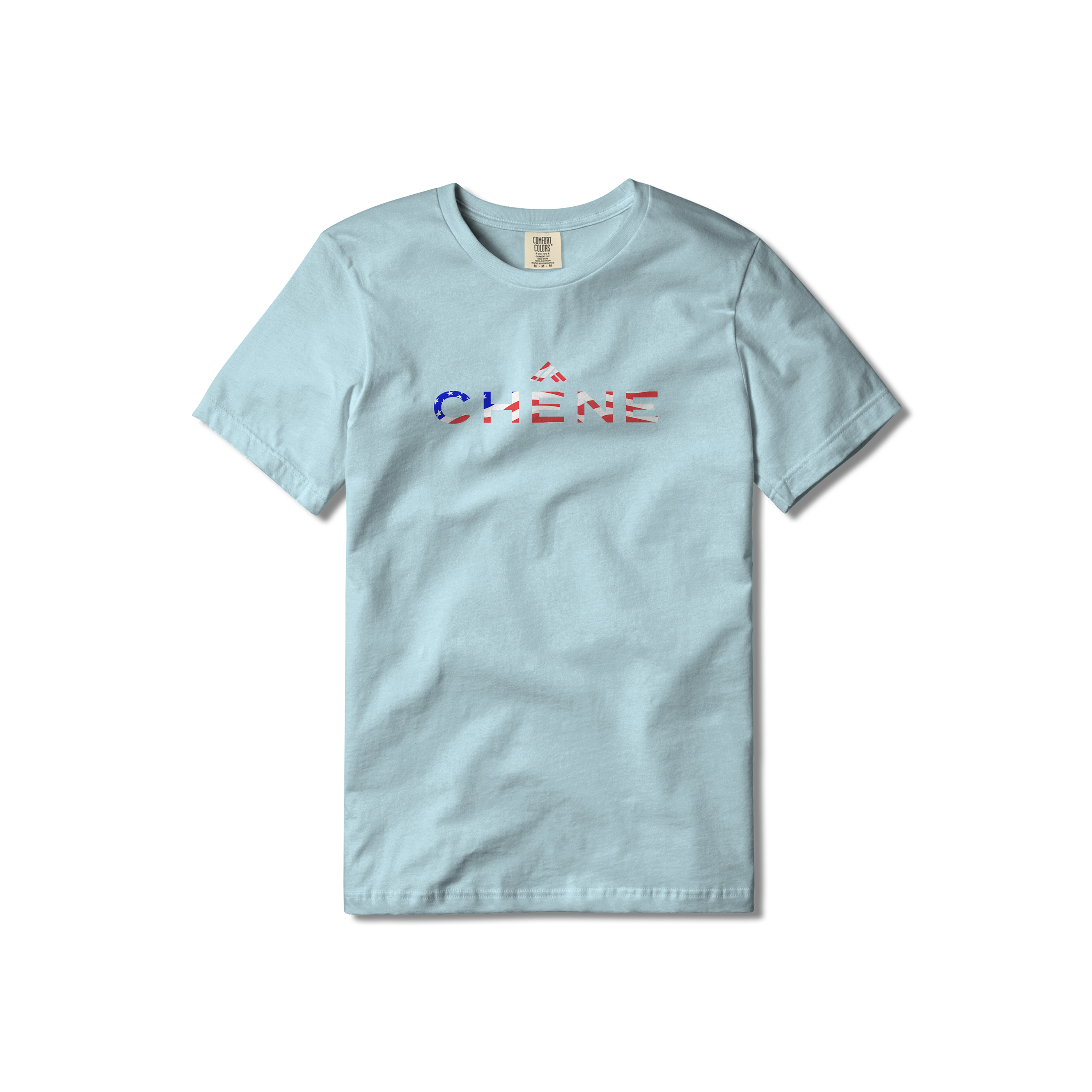 Youth chambray t-shirt with red, white, and blue 'CHENE' logo #chambray