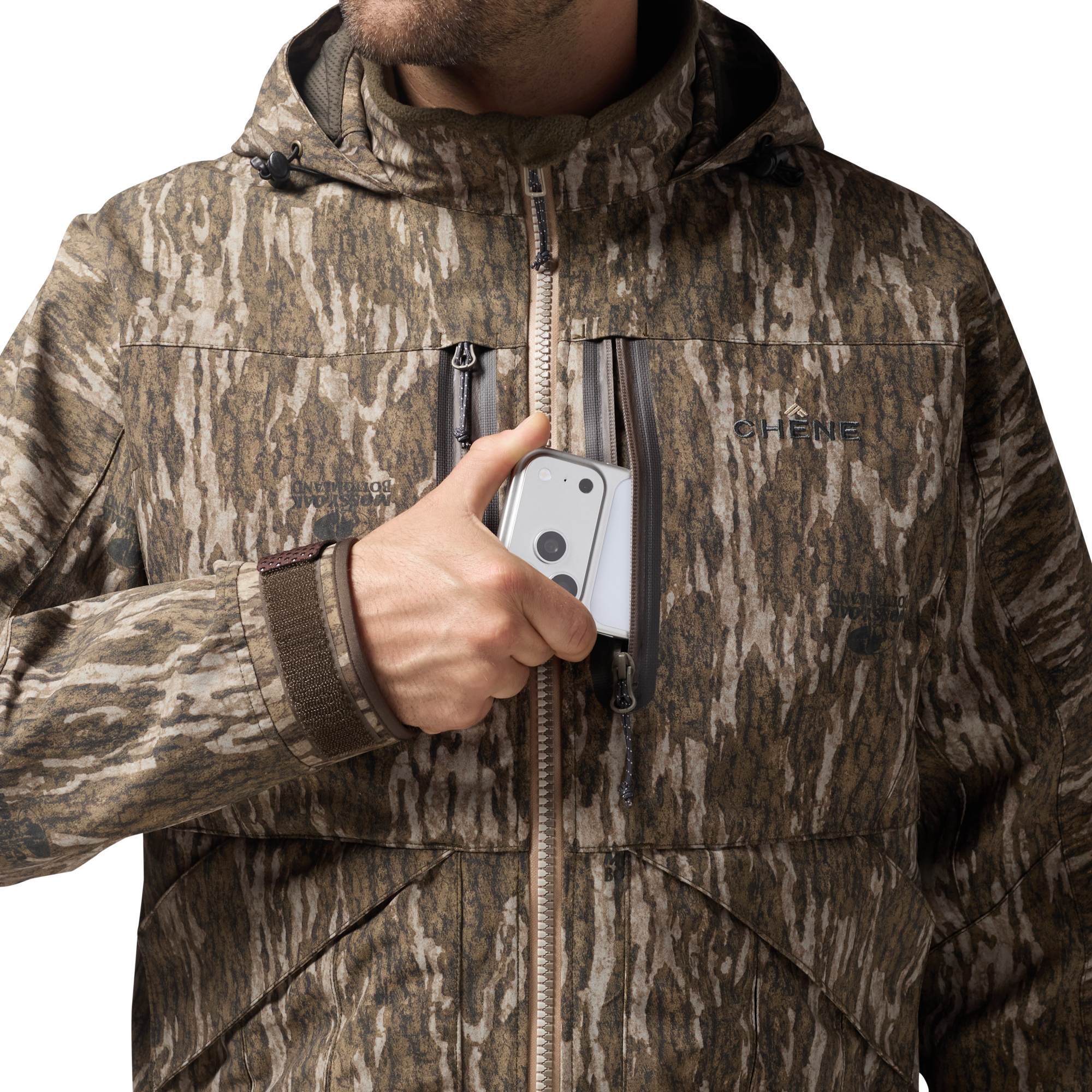Hydro-Lok Shell Jacket in Mossy Oak Bottomland, on model #mossy_oak_bottomland