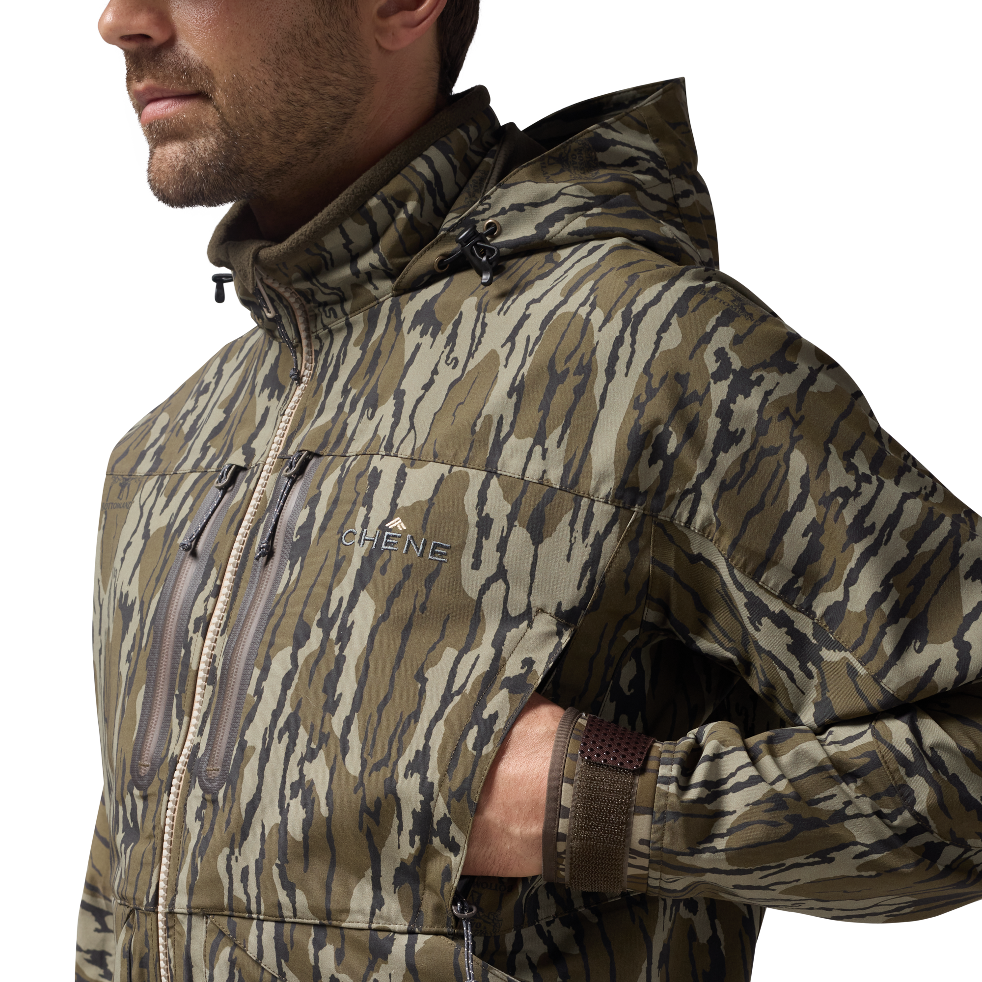 Hydro-Lok Shell Jacket in Mossy Oak Original Bottomland, on model #mossy_oak_original_bottomland