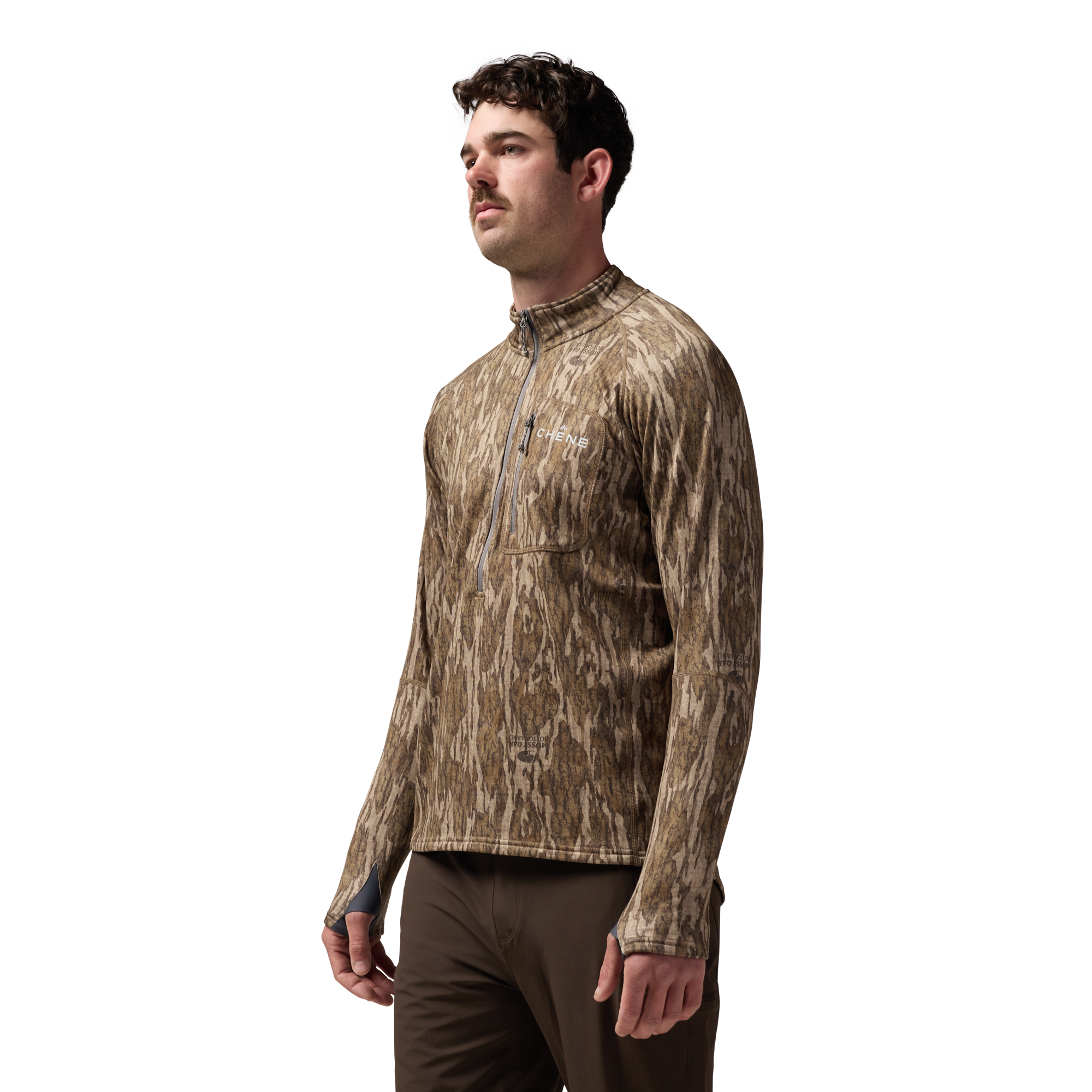 Sixty Series Technical Fleece Half Zip in Mossy Oak Bottomland, on model #mossy_oak_bottomland