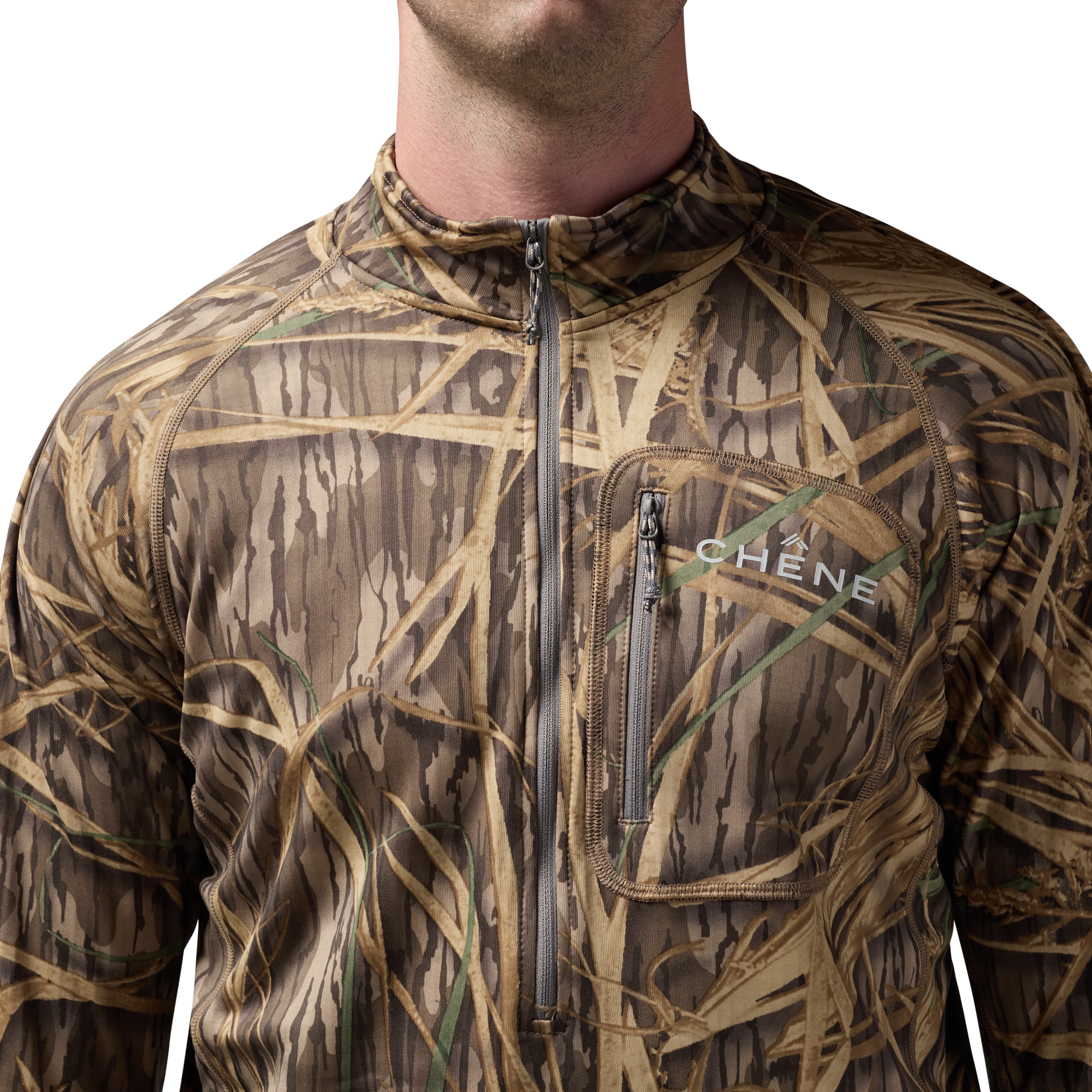 Sixty Series Technical Fleece Half Zip in Mossy Oak Original Shadow Grass, on model #mossy_oak_original_shadow_grass