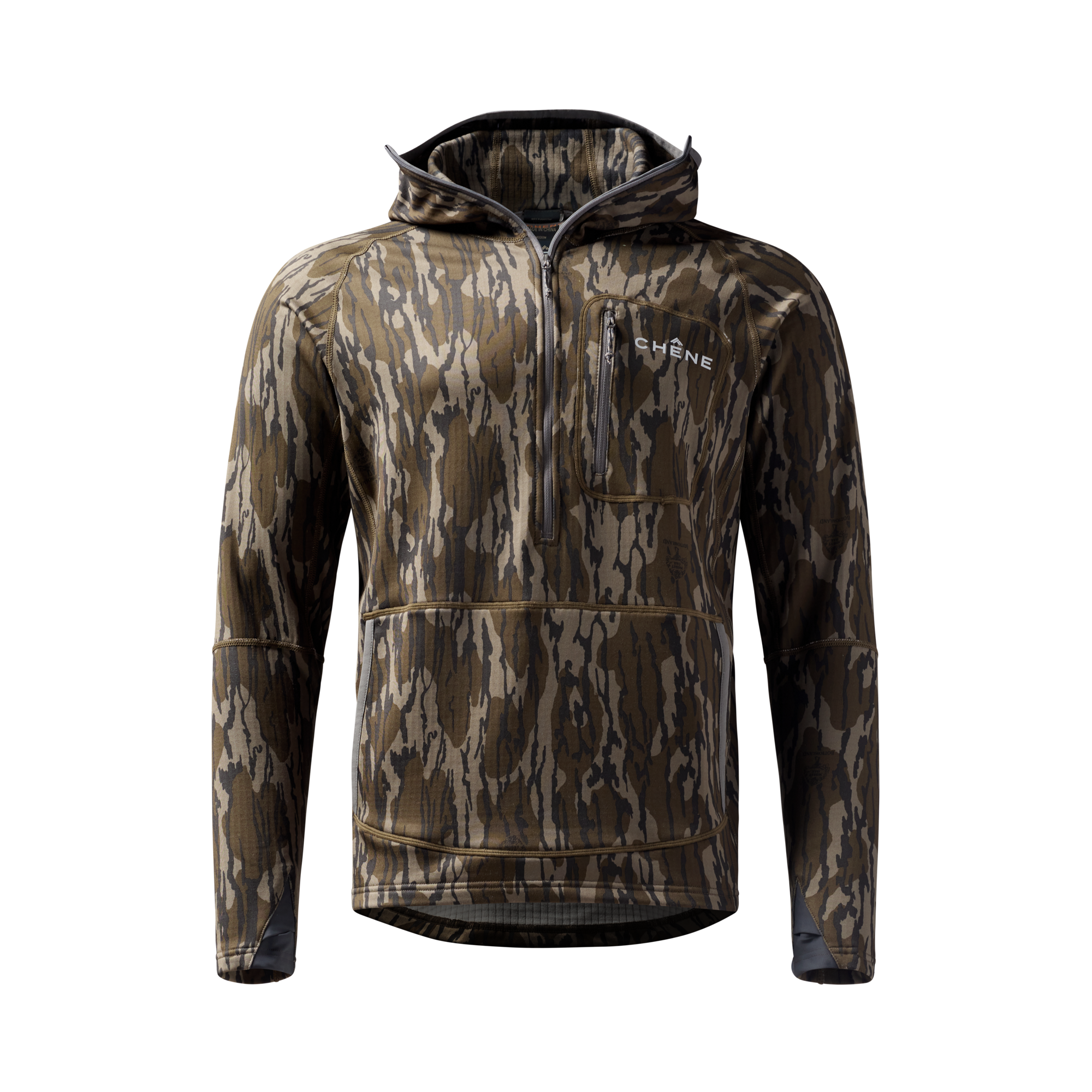Sixty Series Technical Fleece Half Zip with Hood in Mossy Oak Original Bottomland, front view #mossy_oak_original_bottomland