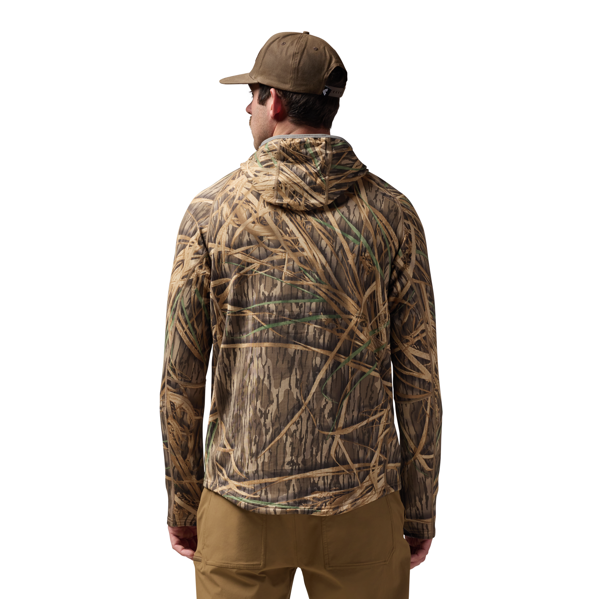 Sixty Series Technical Fleece Half Zip with Hood in Mossy Oak Original Shadow Grass, on model #mossy_oak_original_shadow_grass