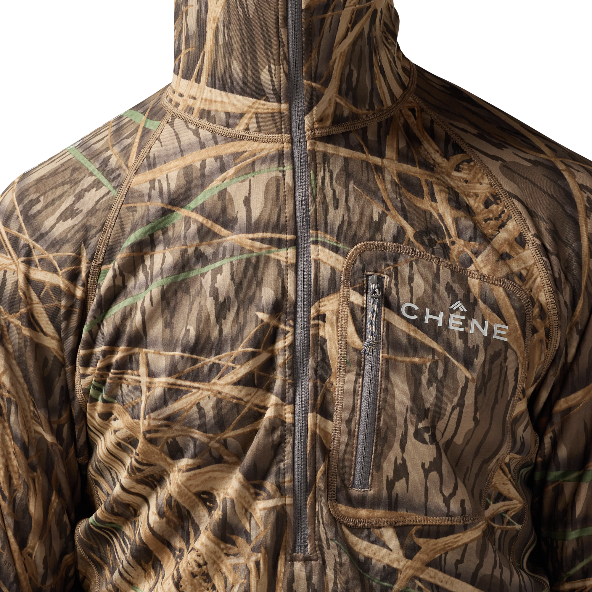 Sixty Series Technical Fleece Half Zip with Hood in Mossy Oak Original Shadow Grass, on model #mossy_oak_original_shadow_grass