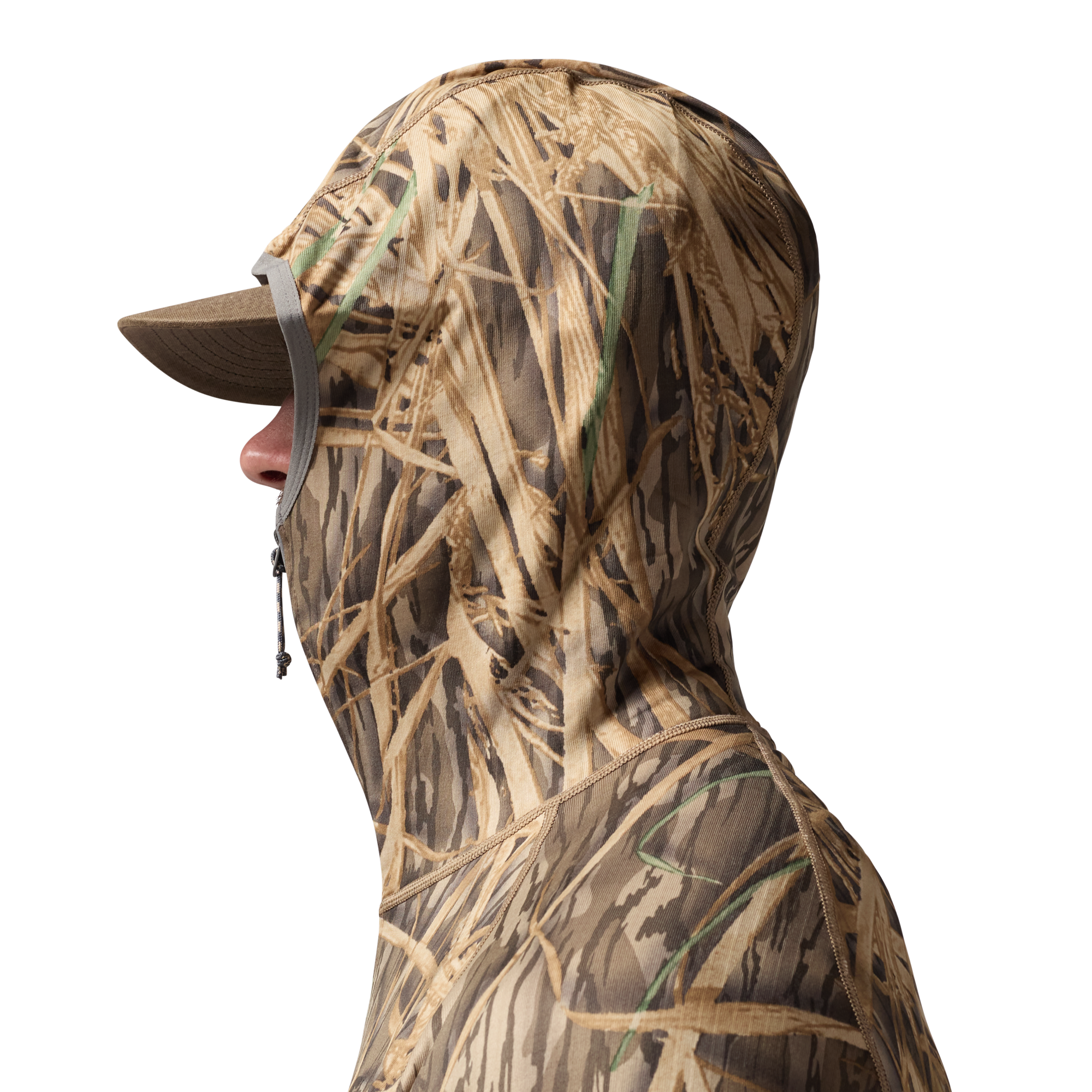 Sixty Series Technical Fleece Half Zip with Hood in Mossy Oak Original Shadow Grass, on model #mossy_oak_original_shadow_grass