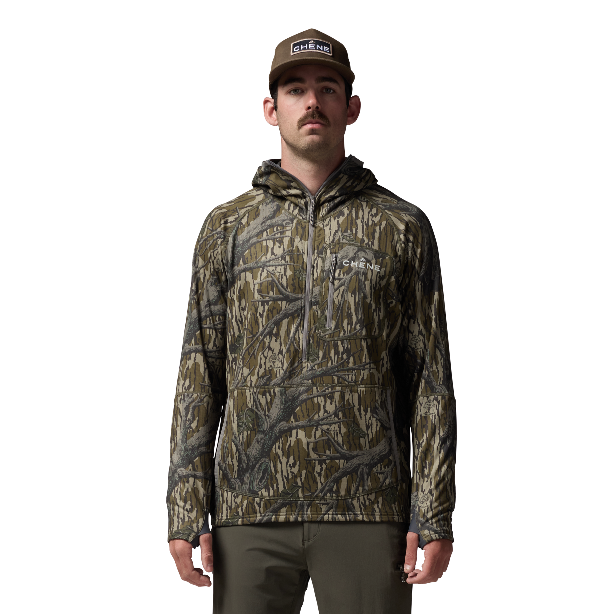 Sixty Series Technical Fleece Half Zip with Hood in Mossy Oak Original Treestand, on model #mossy_oak_original_treestand