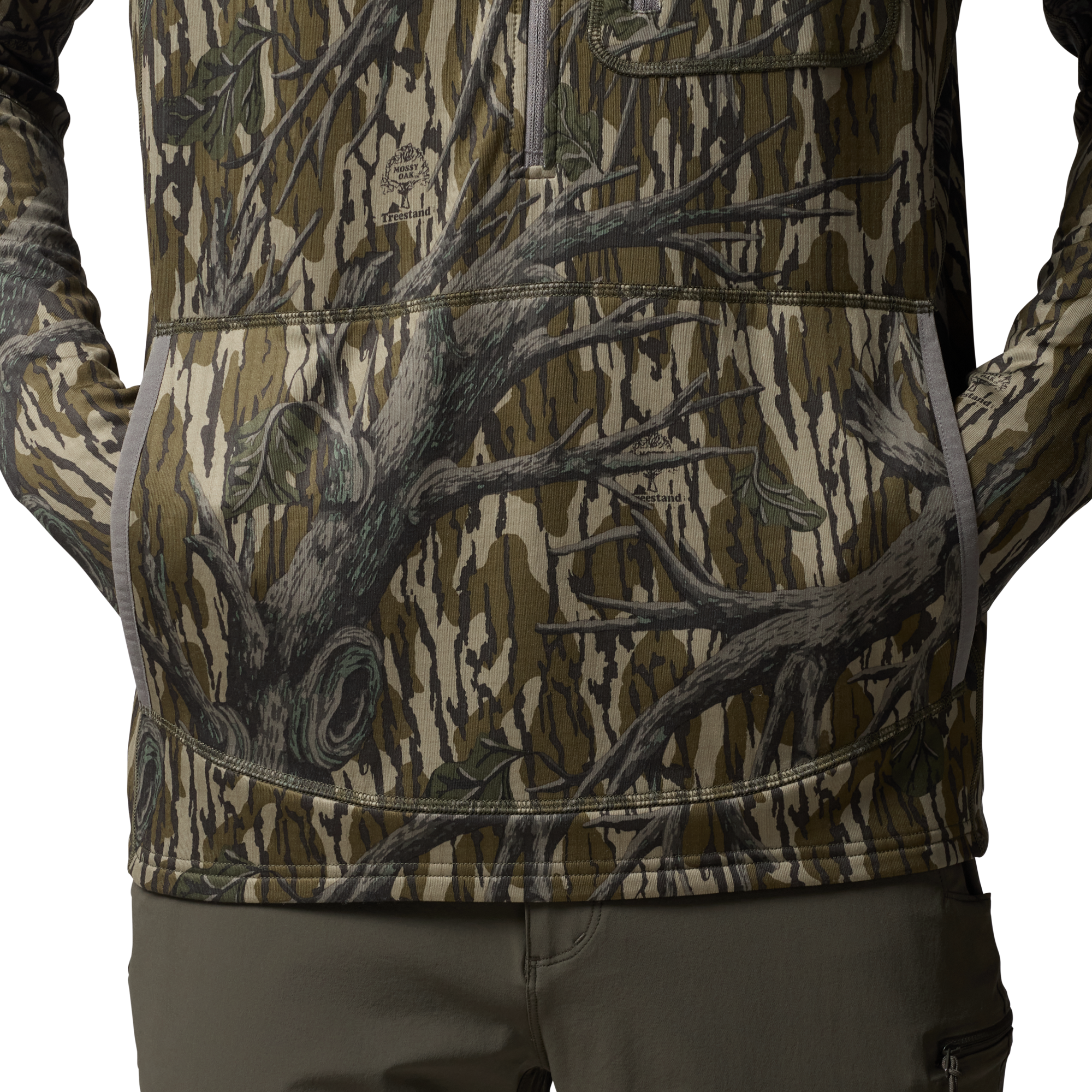 Sixty Series Technical Fleece Half Zip with Hood in Mossy Oak Original Treestand, on model #mossy_oak_original_treestand