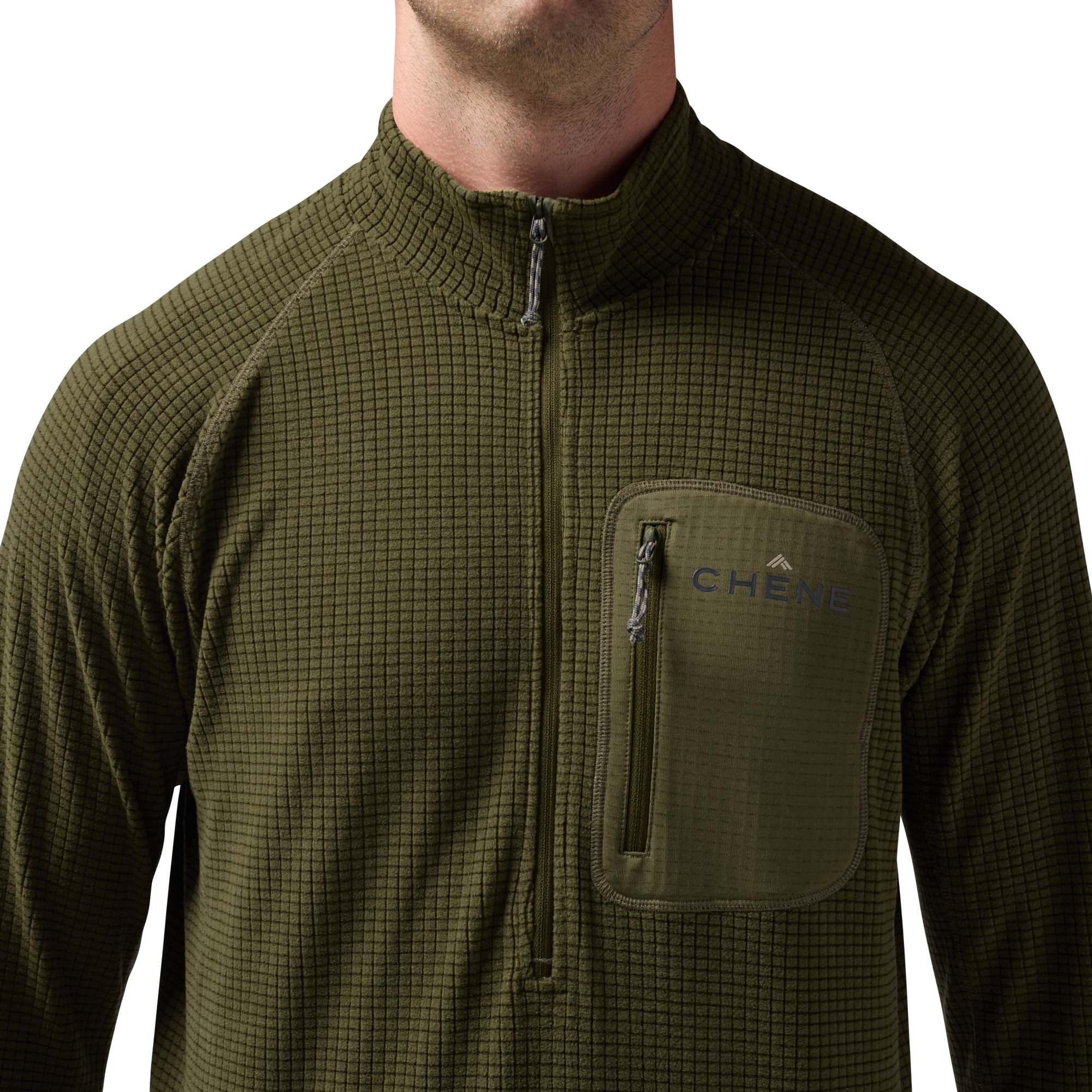 Sixty Series Check Fleece Half Zip in Olive, on model #olive