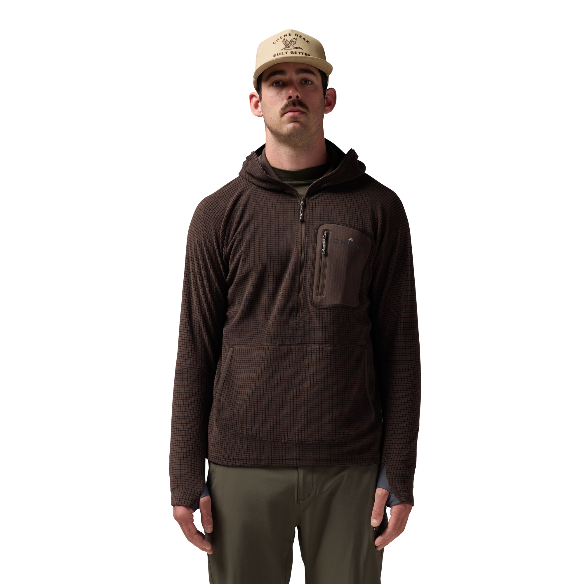 Sixty Series Check Fleece Half Zip with Hood in Brown, on model #brown