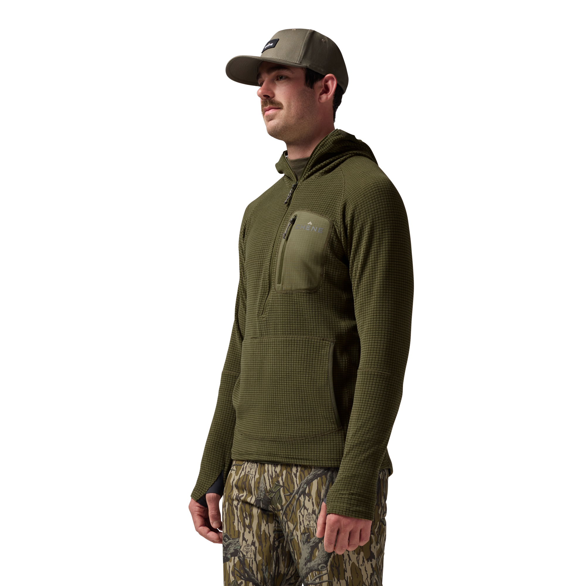 Sixty Series Check Fleece Half Zip with Hood in Olive, on model #olive