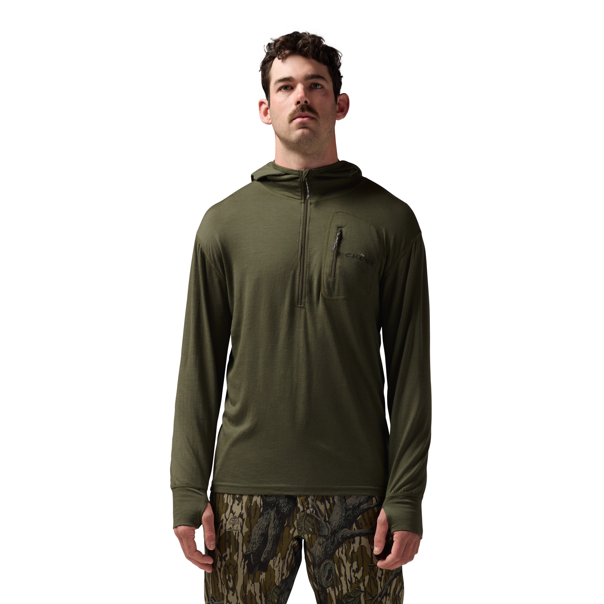 Merino Half Zip with Hood in Olive, on model #olive