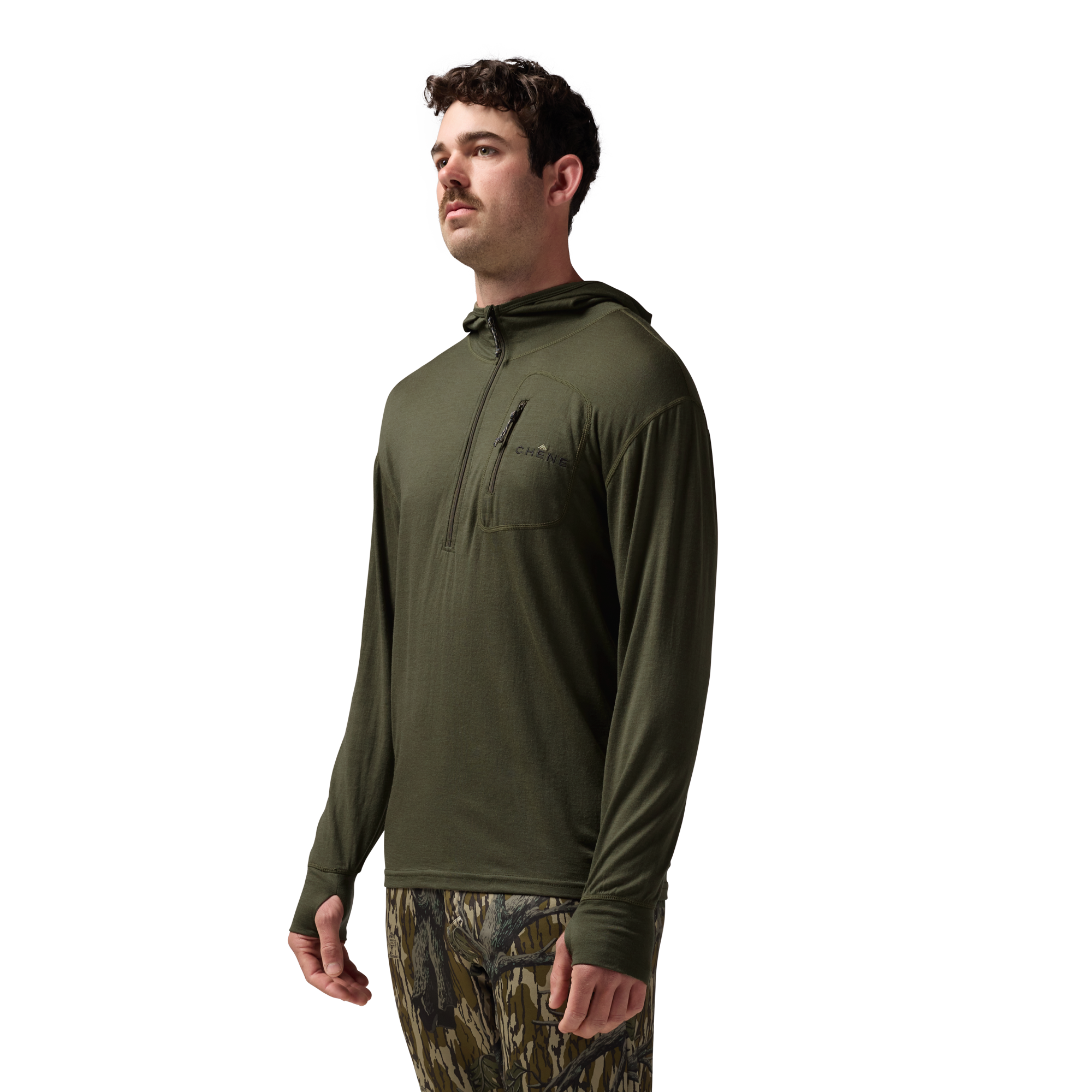Merino Half Zip with Hood in Olive, on model #olive