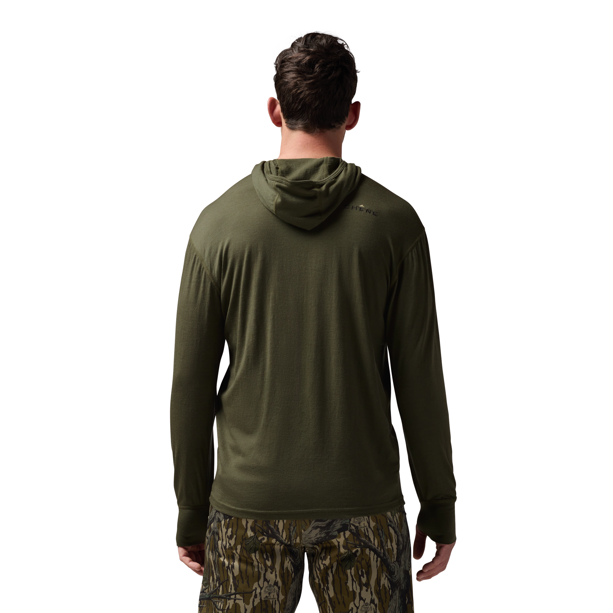 Merino Half Zip with Hood in Olive, on model #olive