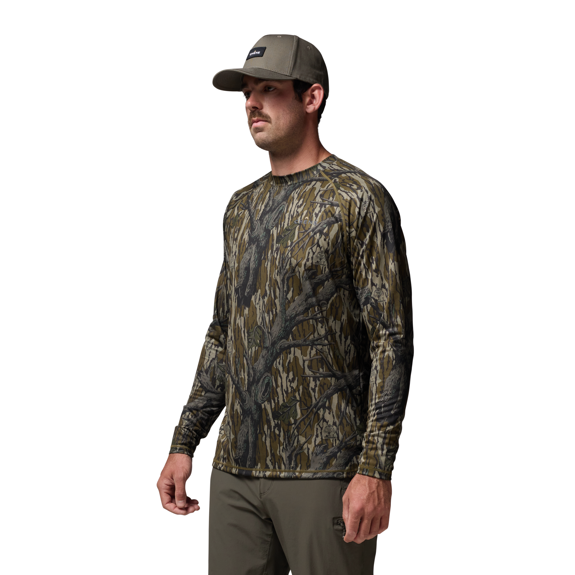 Vale 105 Synthetic Crew L/S in Mossy Oak Bottomland, on model #mossy_oak_original_treestand