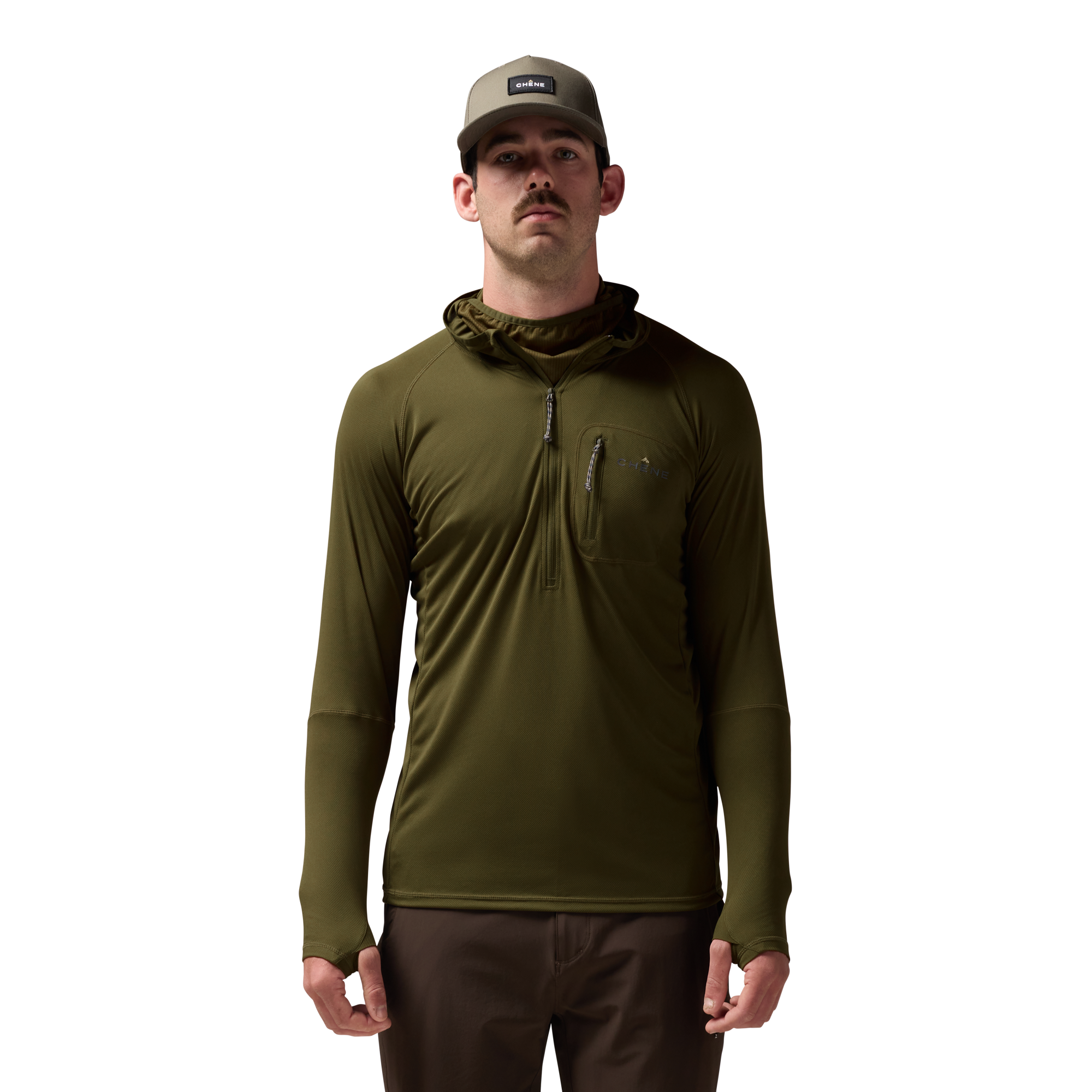 Vale 105 Synthetic Hoodie in Dark Olive, on model #dark_olive