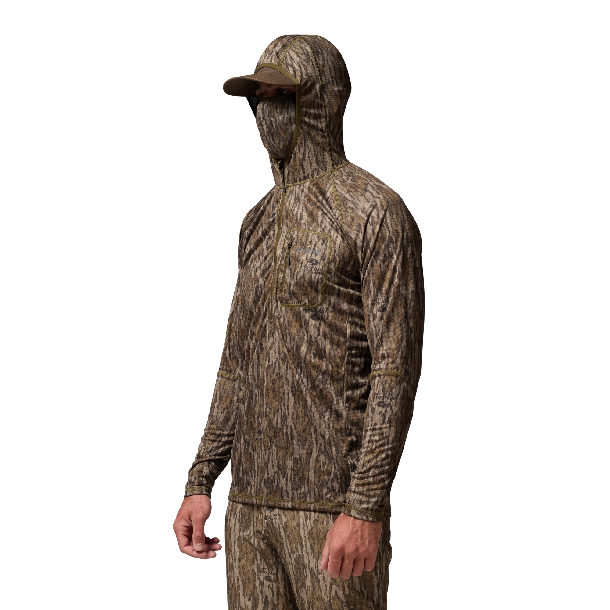 Vale 105 Synthetic Hoodie in Mossy Oak Bottomland, on model #mossy_oak_bottomland