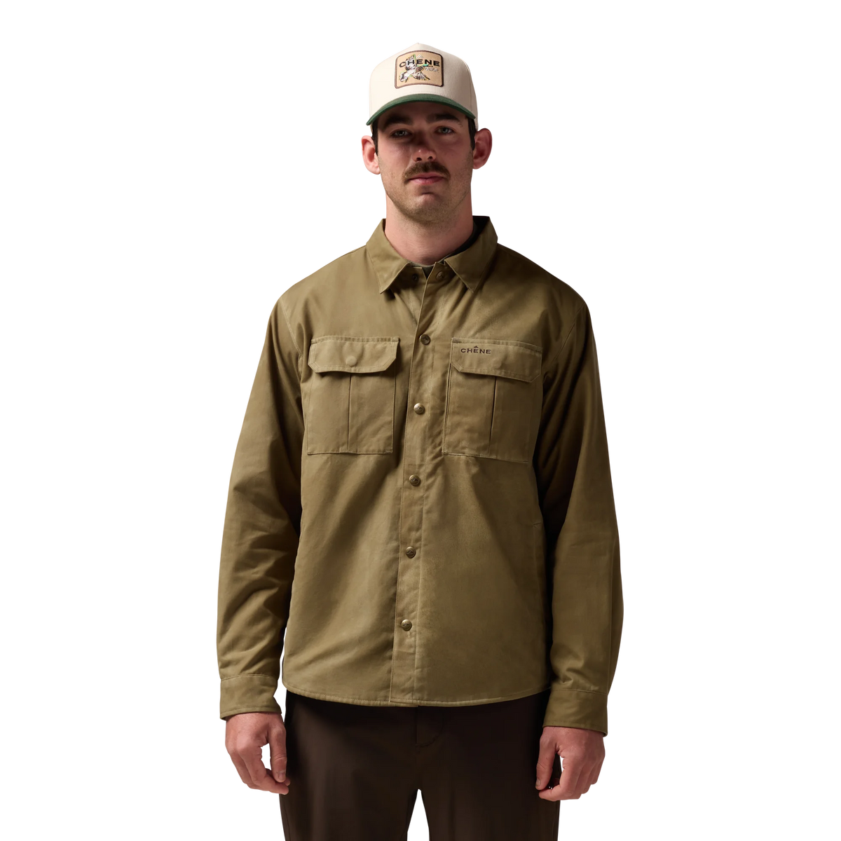 Founder's Reserve Waxed Jac-Shirt in Field Khaki, on model #field_khaki