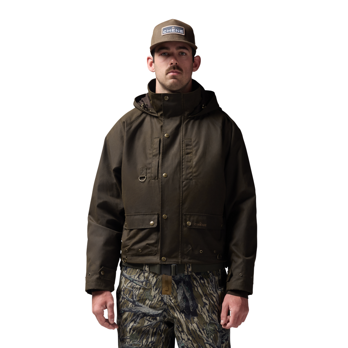 Founder's Reserve Waxed Wading Jacket in Dark Olive, on model #dark_olive