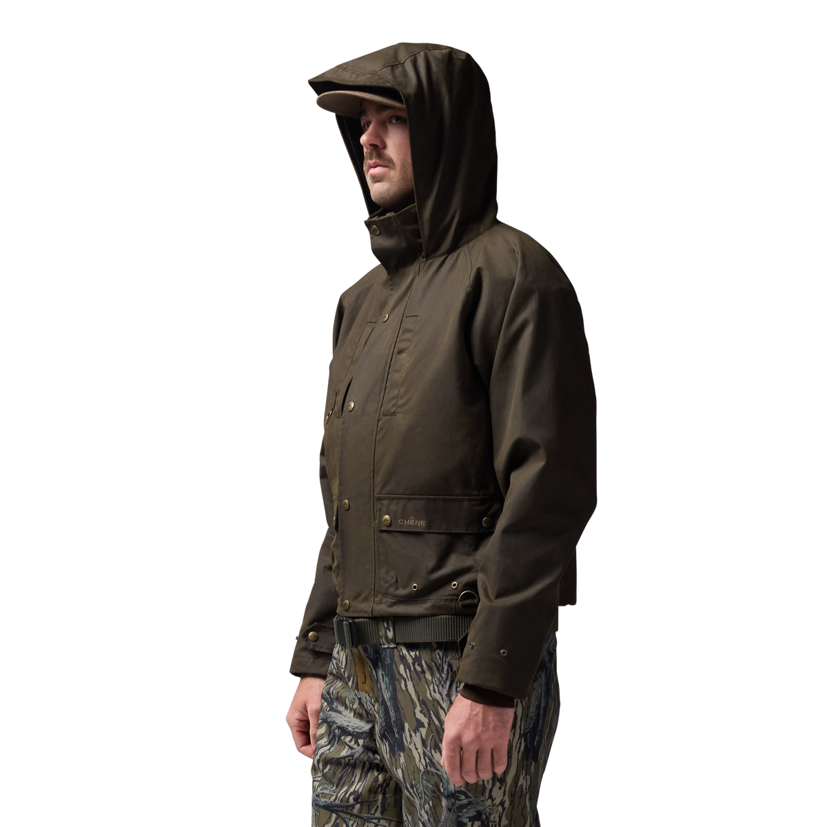 Founder's Reserve Waxed Wading Jacket in Dark Olive, on model #dark_olive