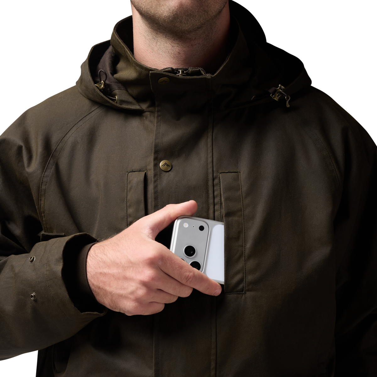 Founder's Reserve Waxed Wading Jacket in Dark Olive, on model #dark_olive