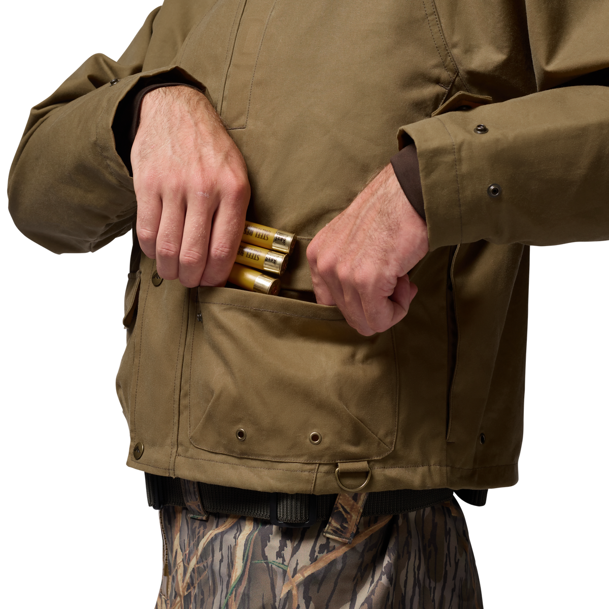 Founders' Reserve Waxed Wading Jacket in Field Khaki, on model #field_khaki