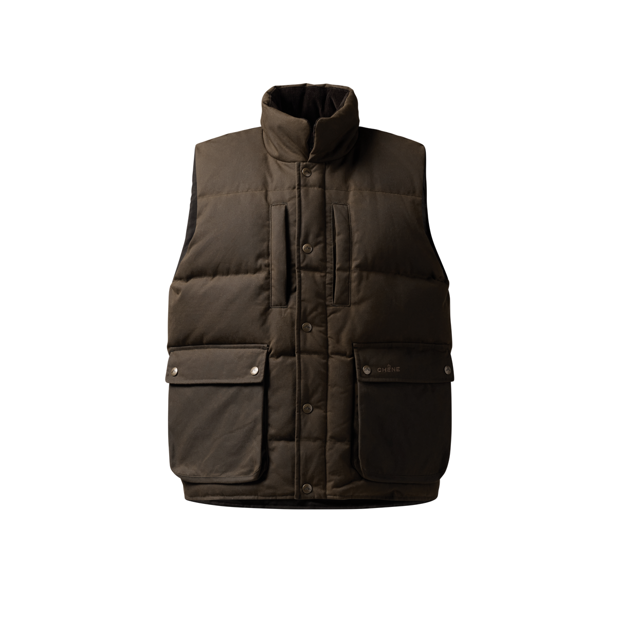 Founder's Reserve Waxed Down Vest in Dark Olive, front view #dark_olive