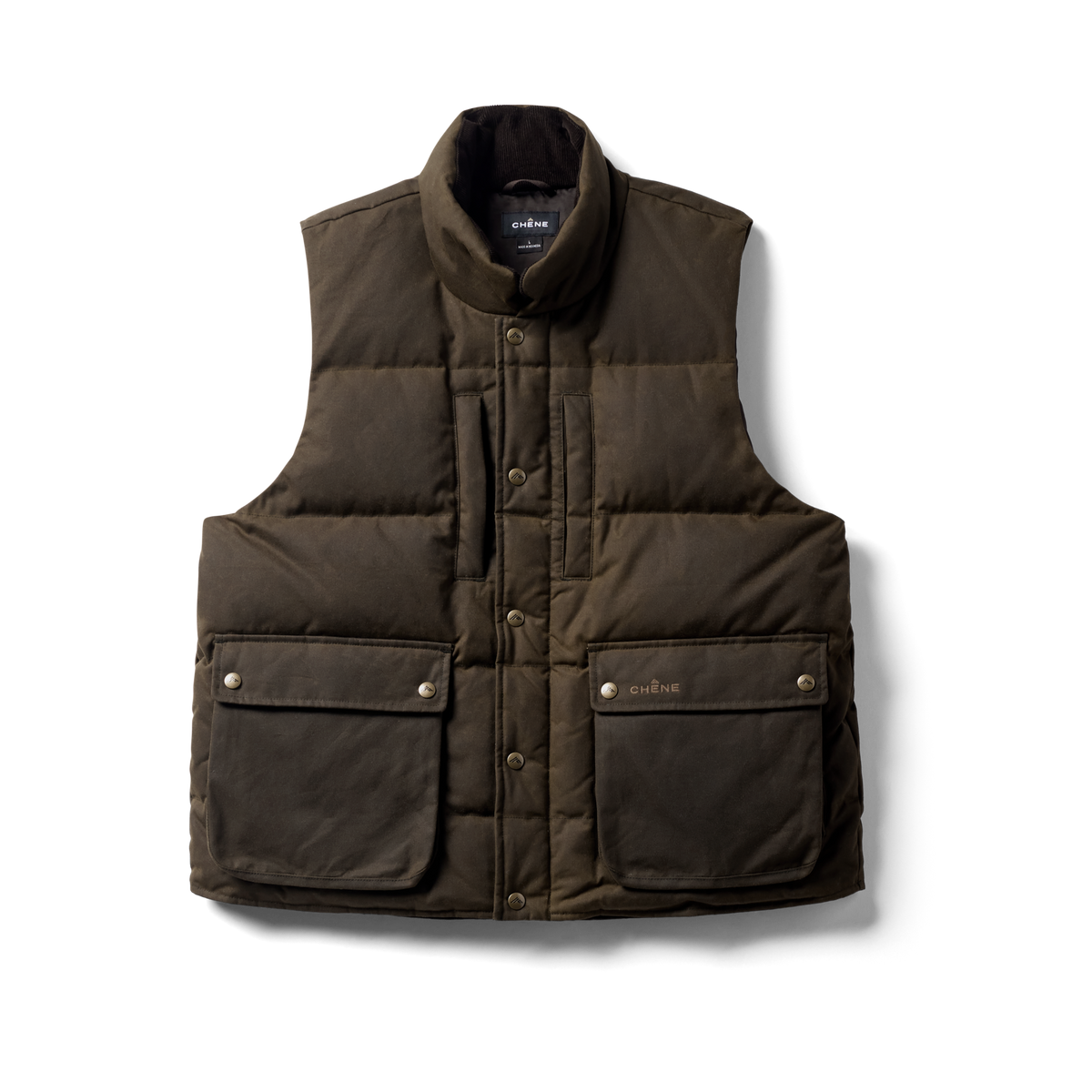Founder's Reserve Waxed Down Vest in Dark Olive, flat lay #dark_olive