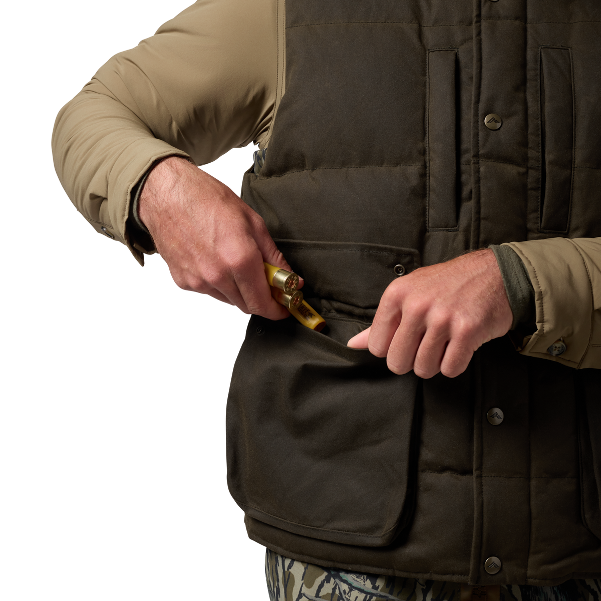 Founder's Reserve Waxed Down Vest in Dark Olive, on model #dark_olive