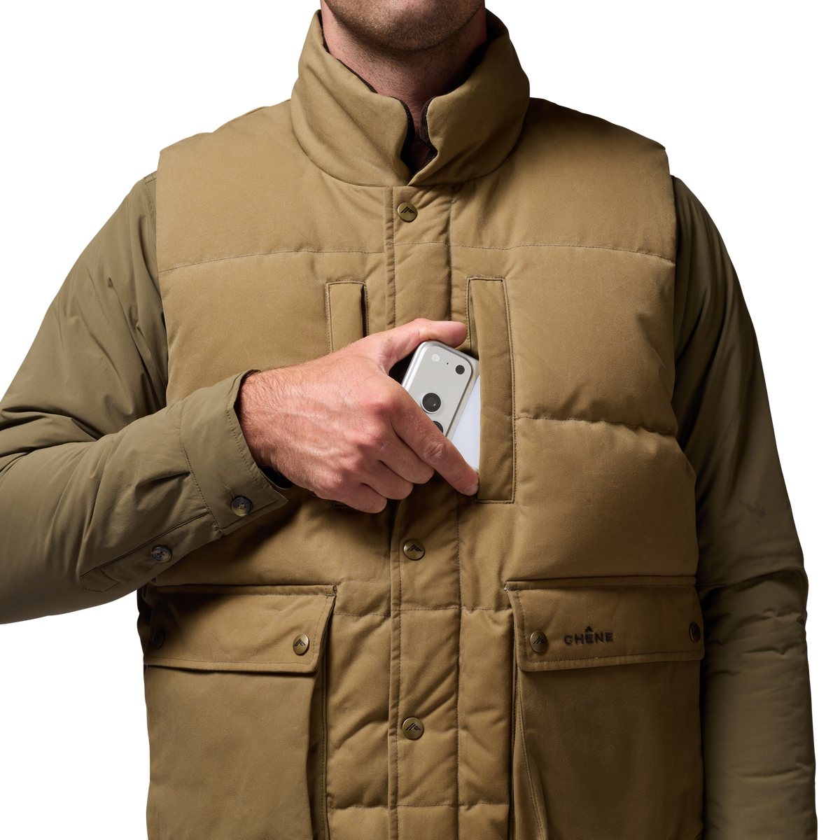 Founders' Reserve Waxed Down Vest in Field Khaki, on model #field_khaki