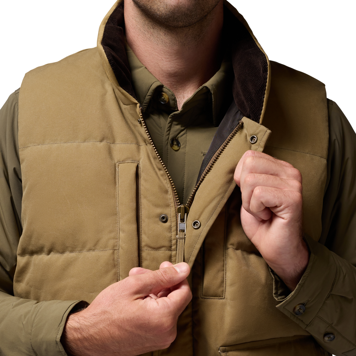 Founders' Reserve Waxed Down Vest in Field Khaki, on model #field_khaki
