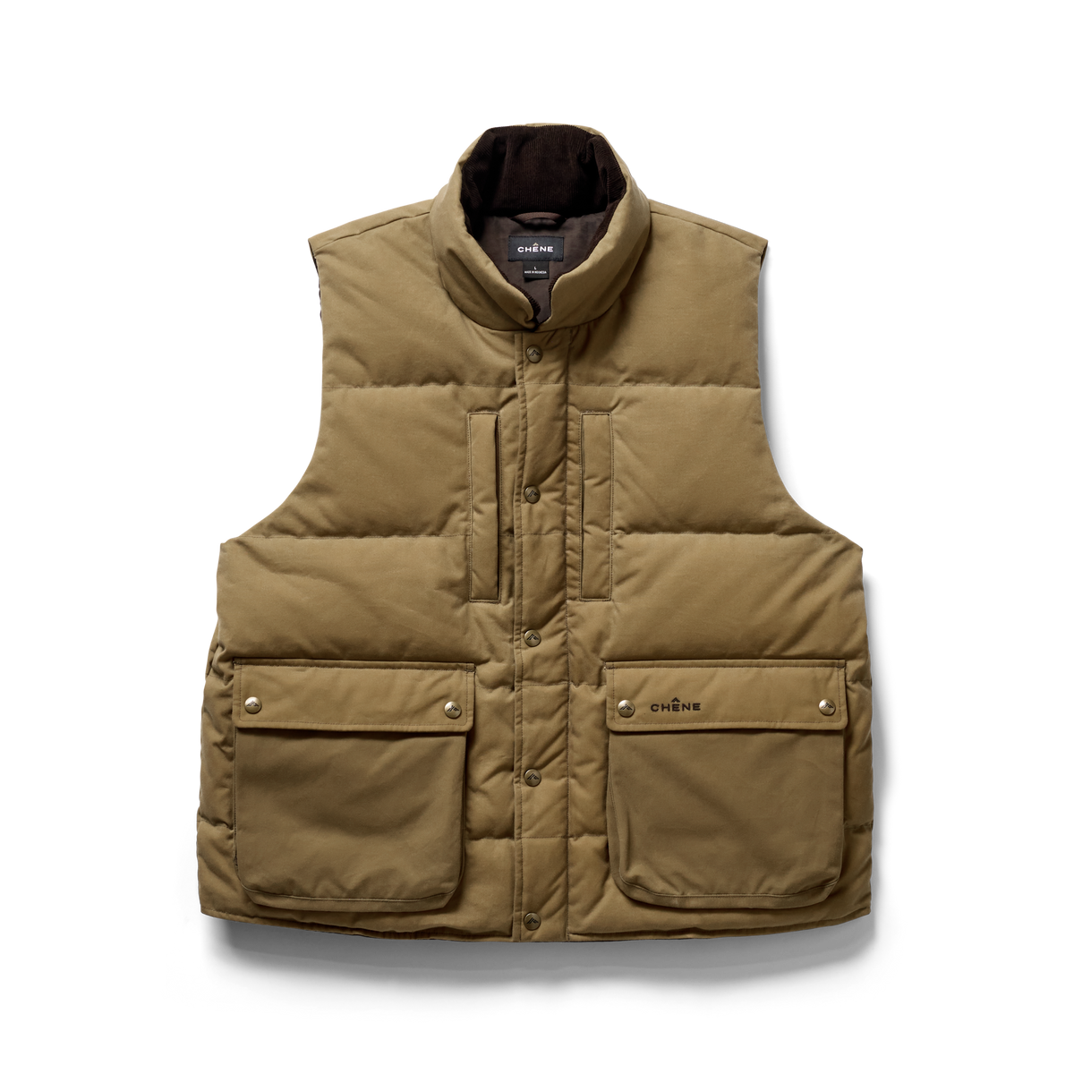 Founders' Reserve Waxed Down Vest in Field Khaki, flat lay #field_khaki