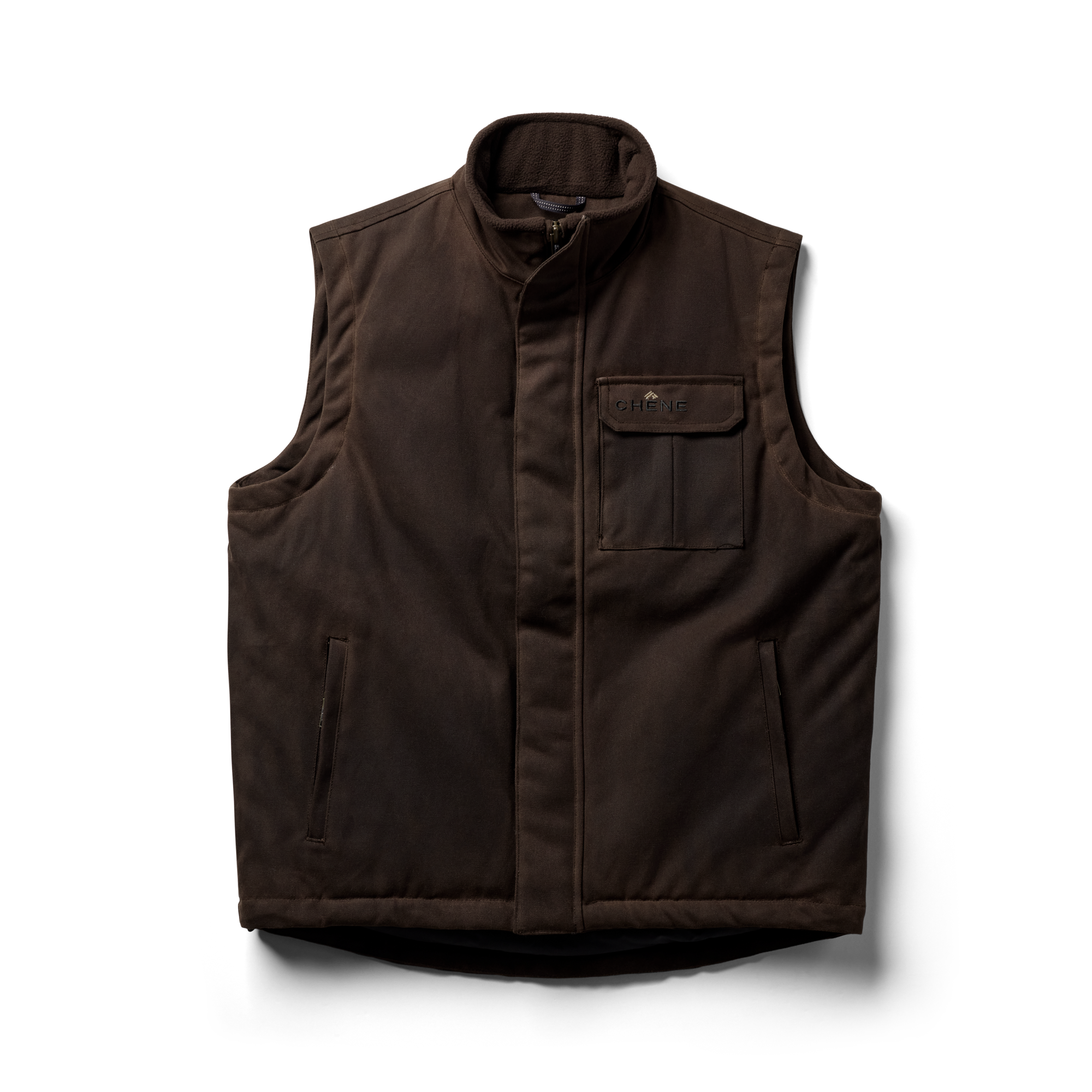 Waxed Canvas Goose Down Vest in Brown, flat lay #brown