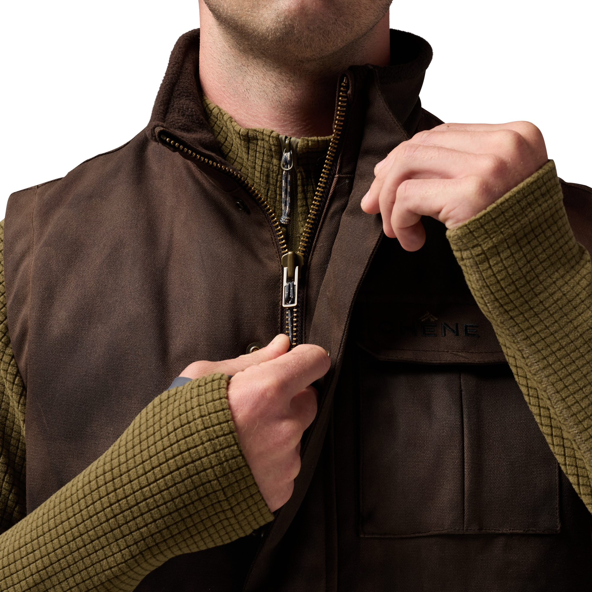 Waxed Canvas Goose Down Vest in Brown, on model #brown
